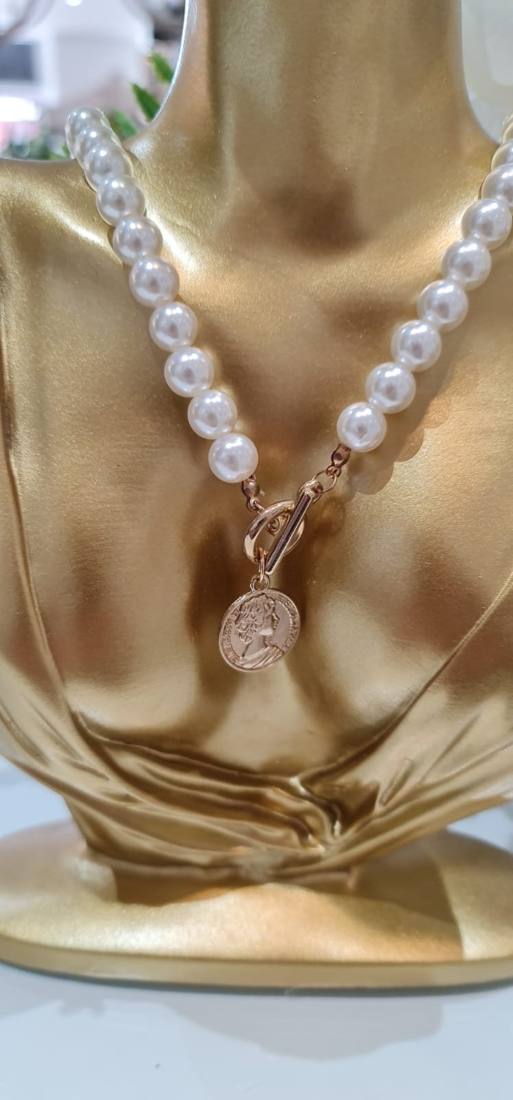 Gold Plated Pearl T-Bar Necklace with Coin Pendant