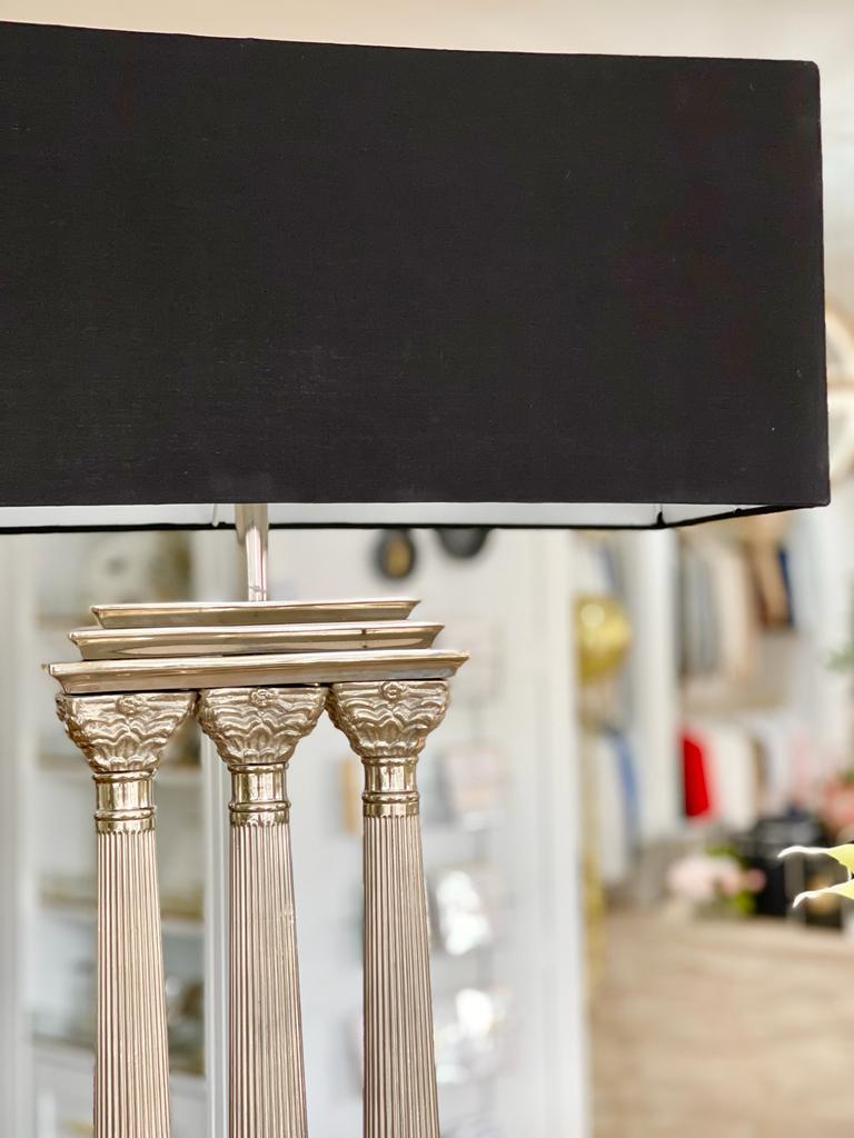 Three Pillar Silver Table Lamp with Black Linen Shade