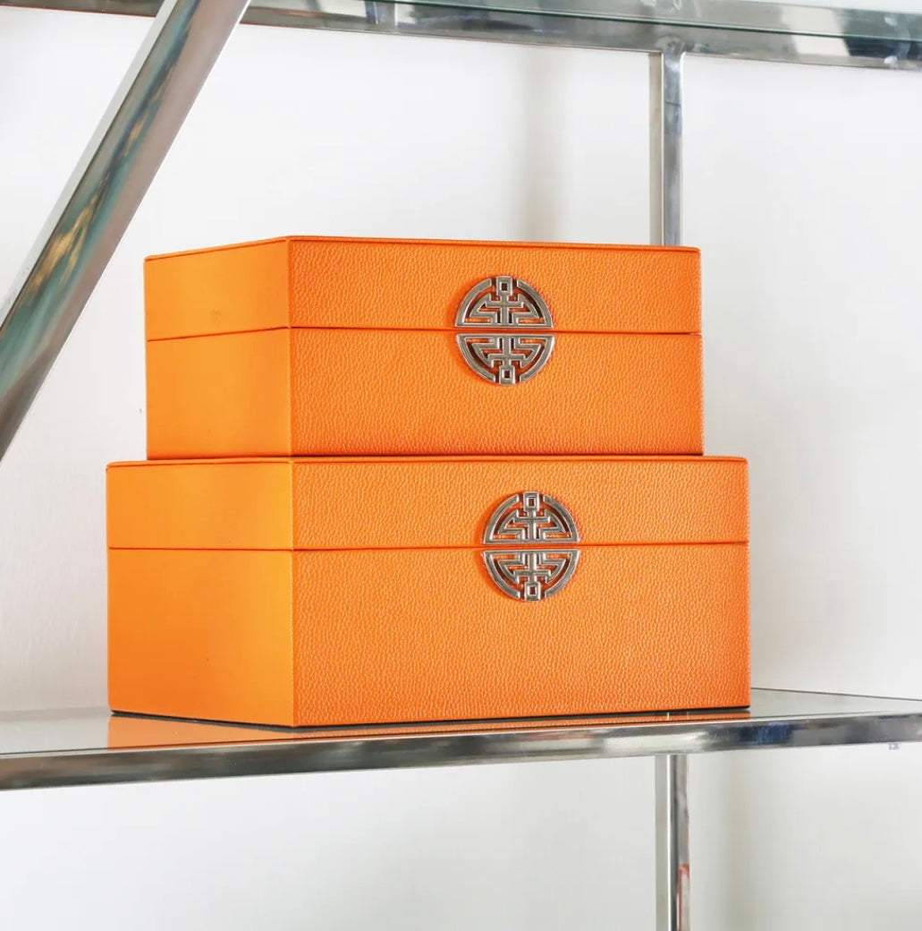 Set of Two Orange Faux Leather Storage Boxes with Gold Detail