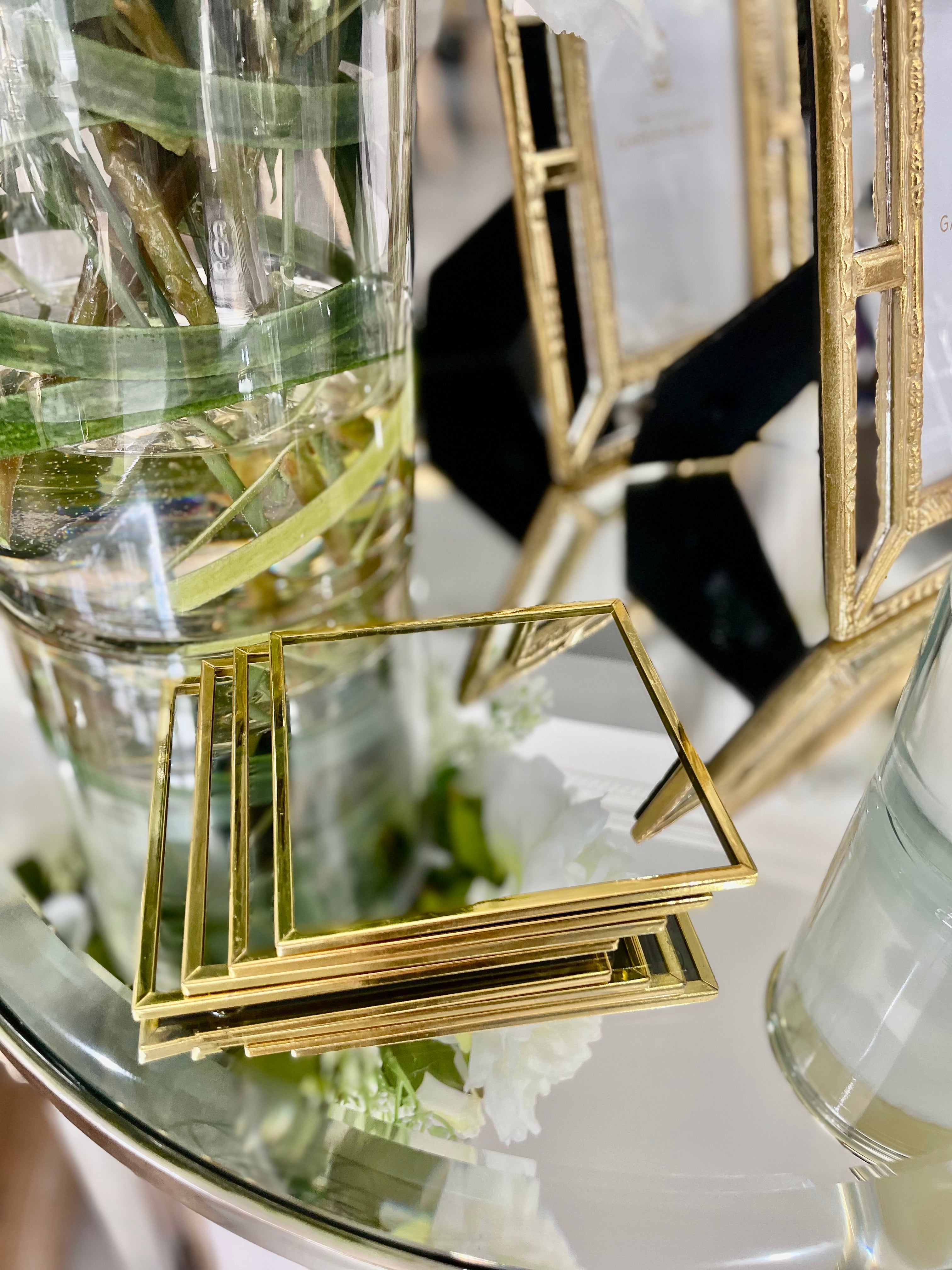 Set of Four Gold Framed Mirror Square Coasters