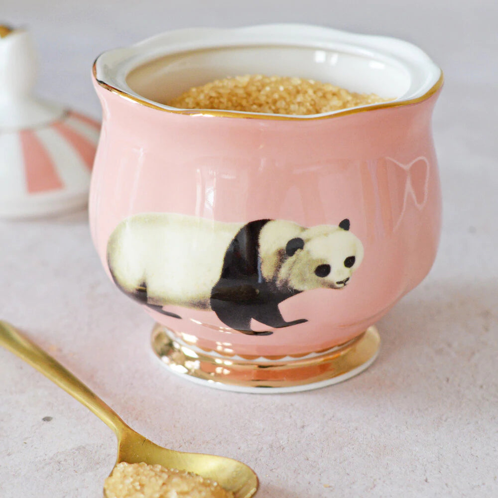 Yvonne Ellen Pastel Pink Lidded China Sugar Bowl with Panda Illustration