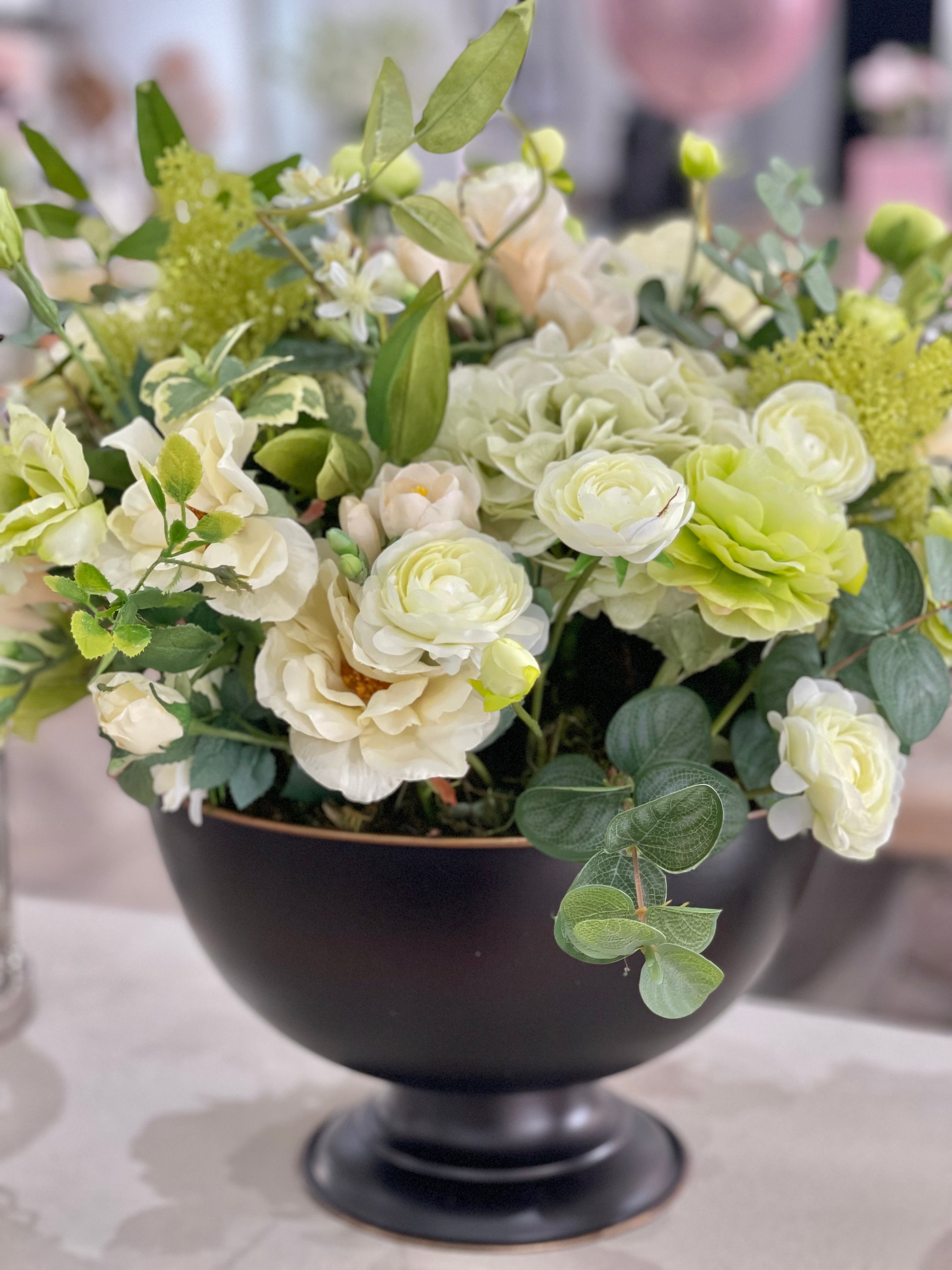 Faux Hydrangea, Ranunculus and Foliage Arrangement