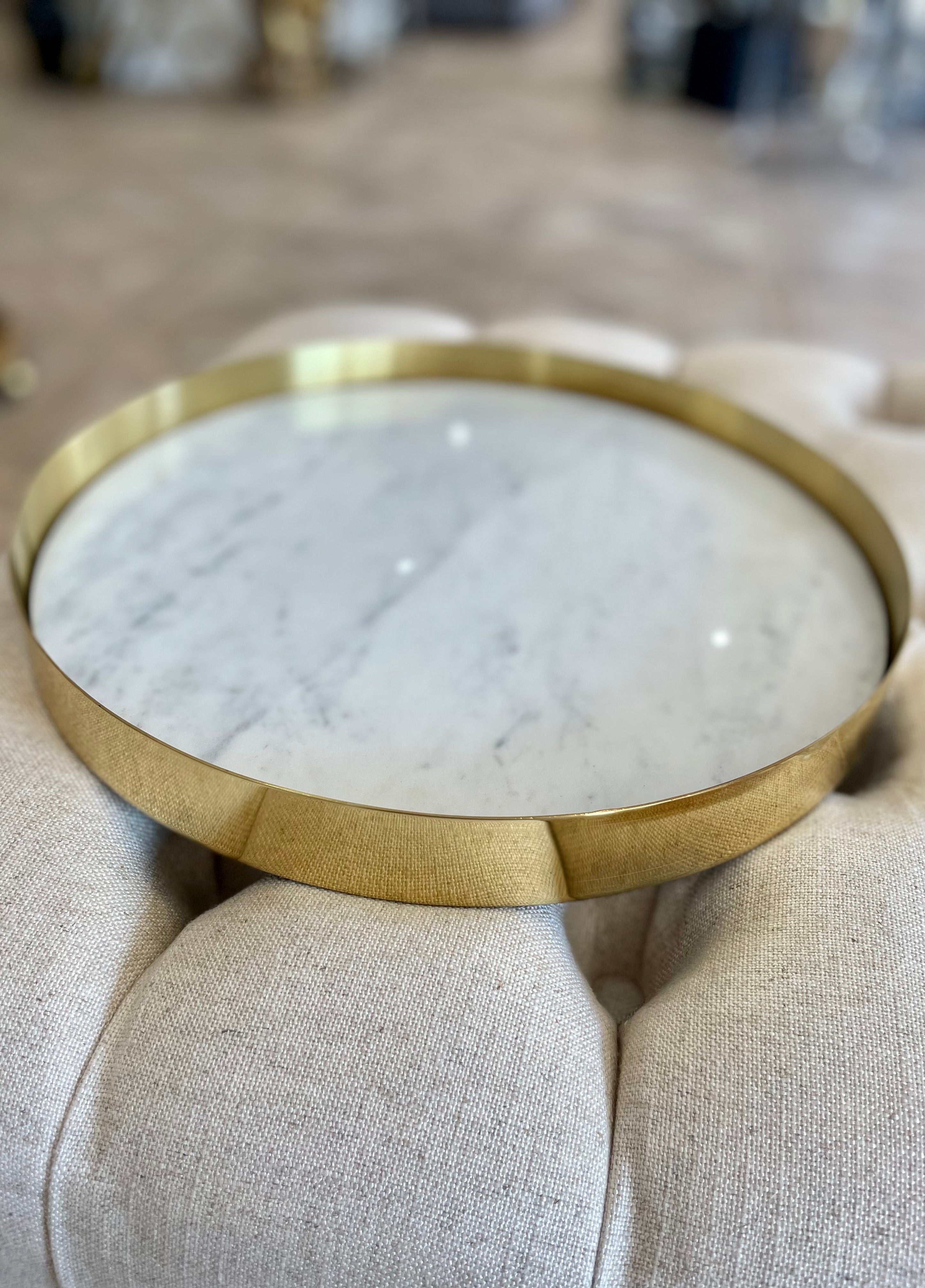 Circular White Marble Decorative Tray with Gold Edging