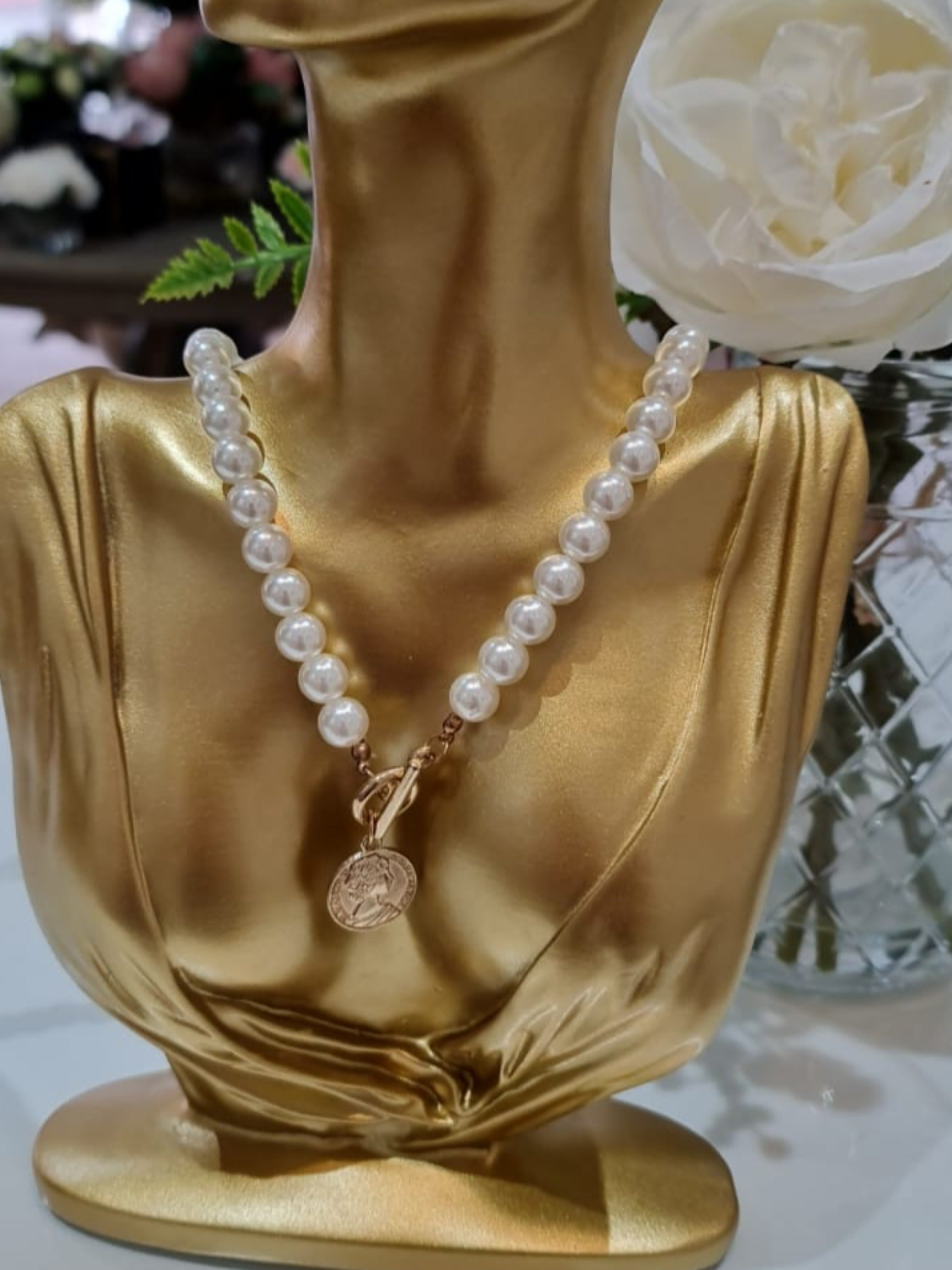 Gold Plated Pearl T-Bar Necklace with Coin Pendant