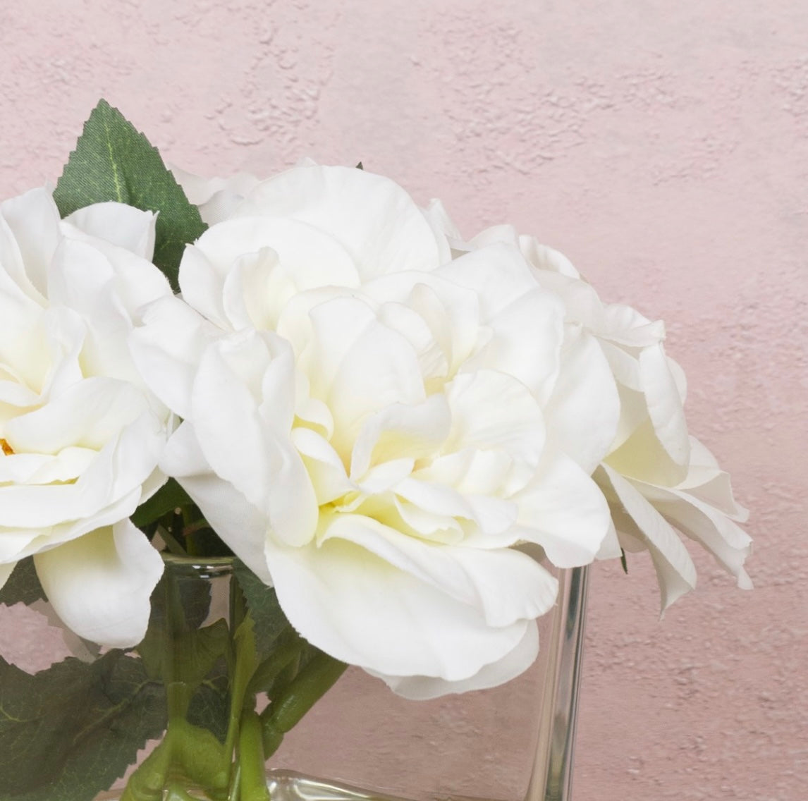 White Rose Arrangement in Glass Cube Vase