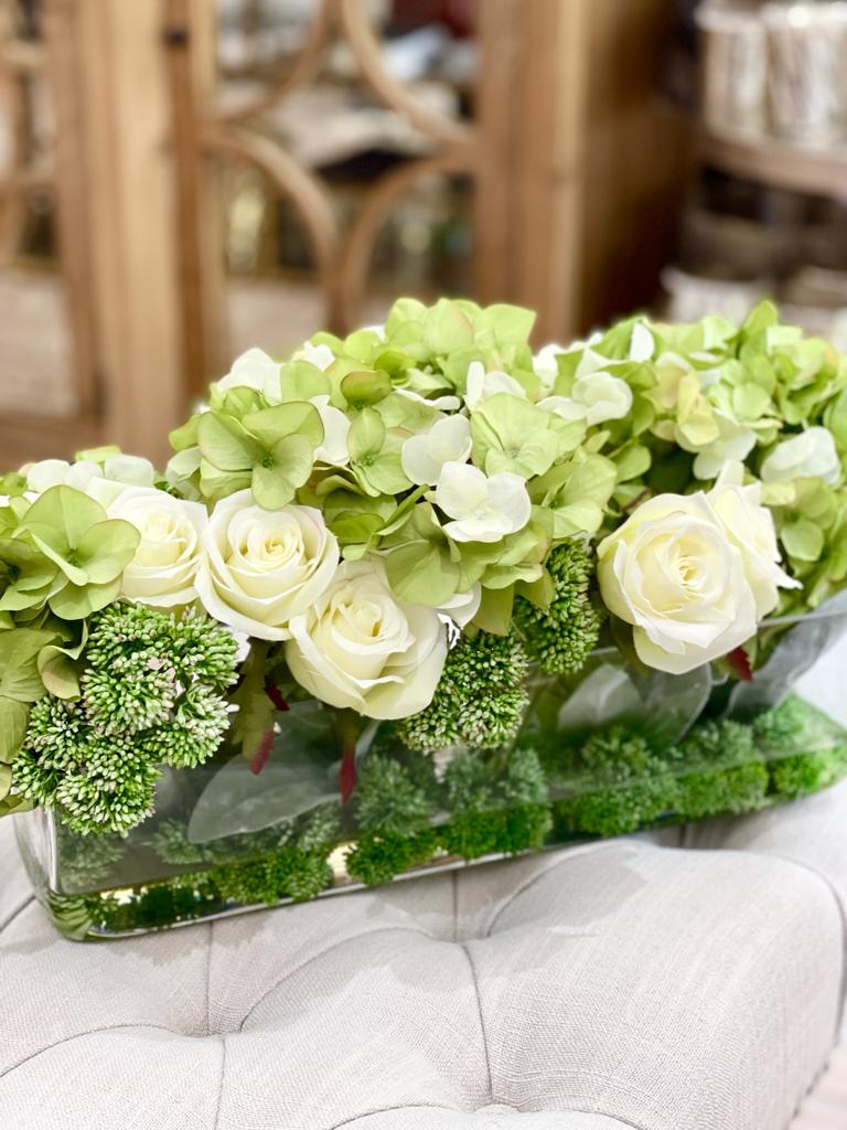 Faux Lime & Cream Hydrangea, Rose & Sedum Arrangement