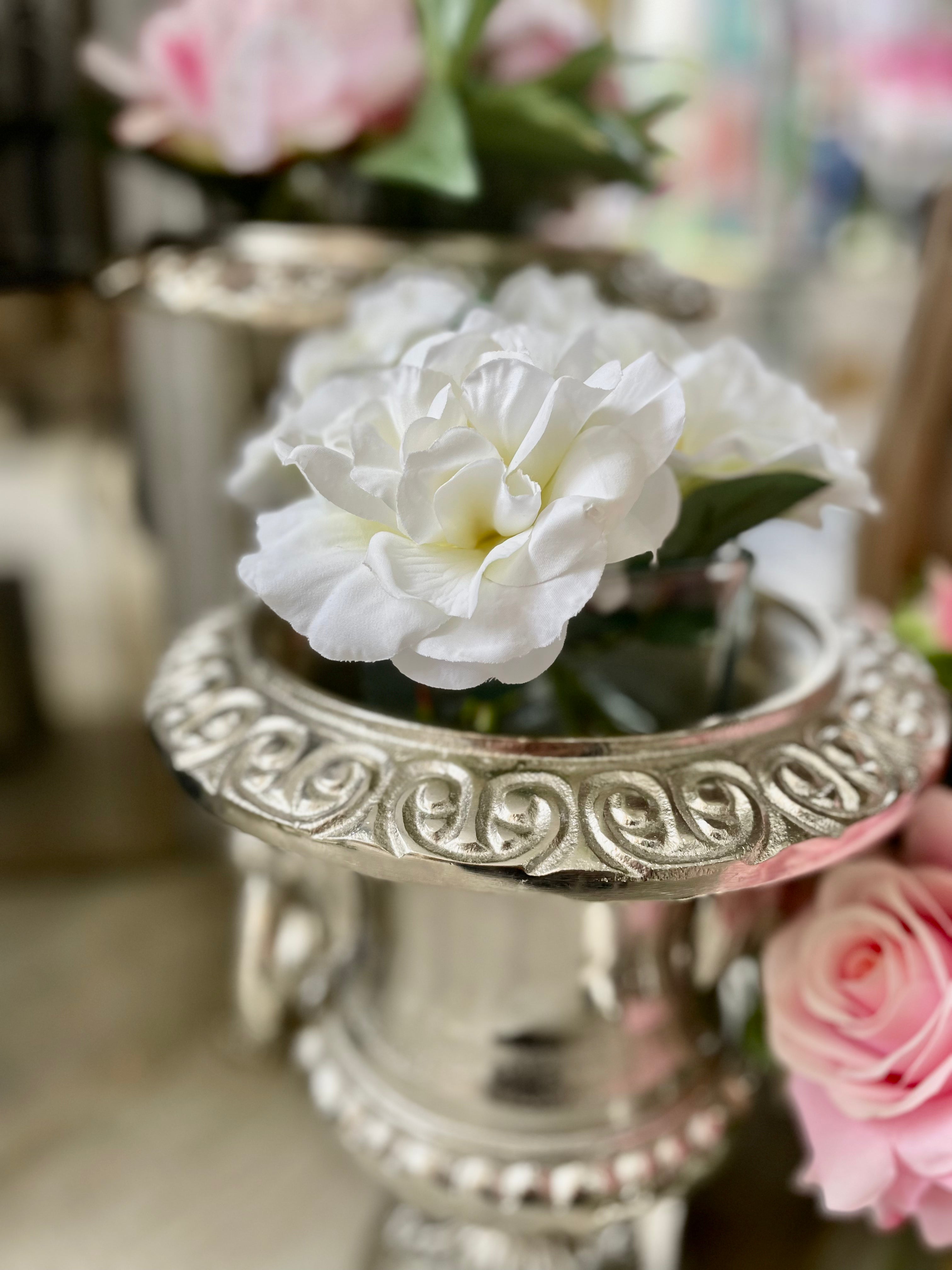 White Rose Arrangement in Glass Cube Vase