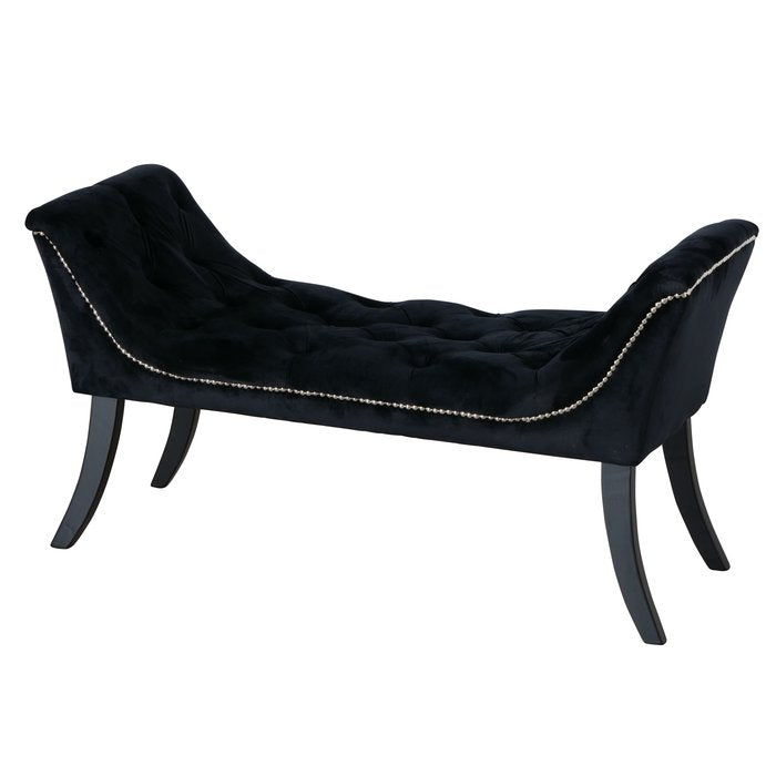 Black Velvet Bench Haven with Wooden Legs and Metal Stud Detailing