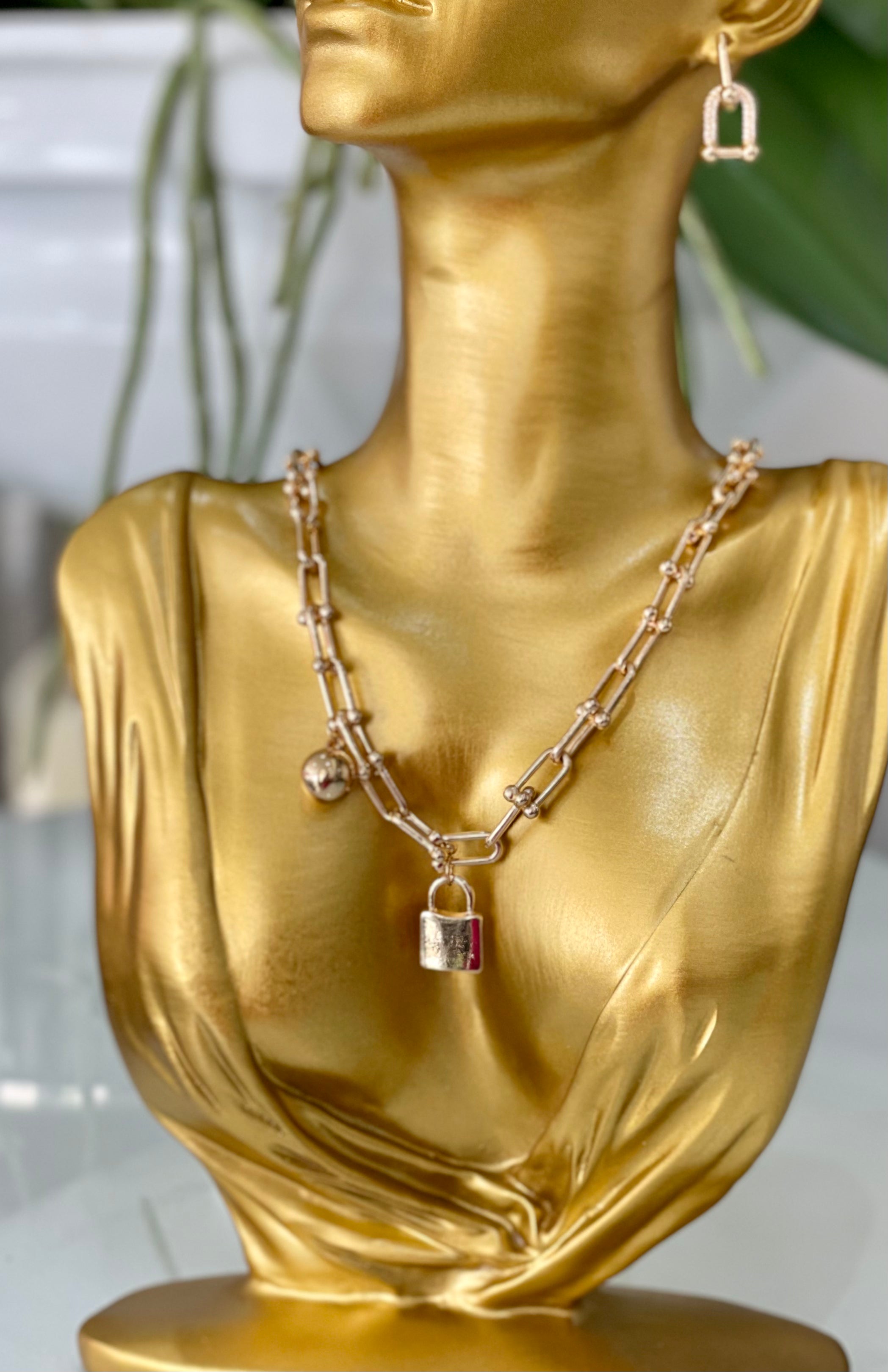 Gold Plated Chain Necklace with Lock and Ball Pendants