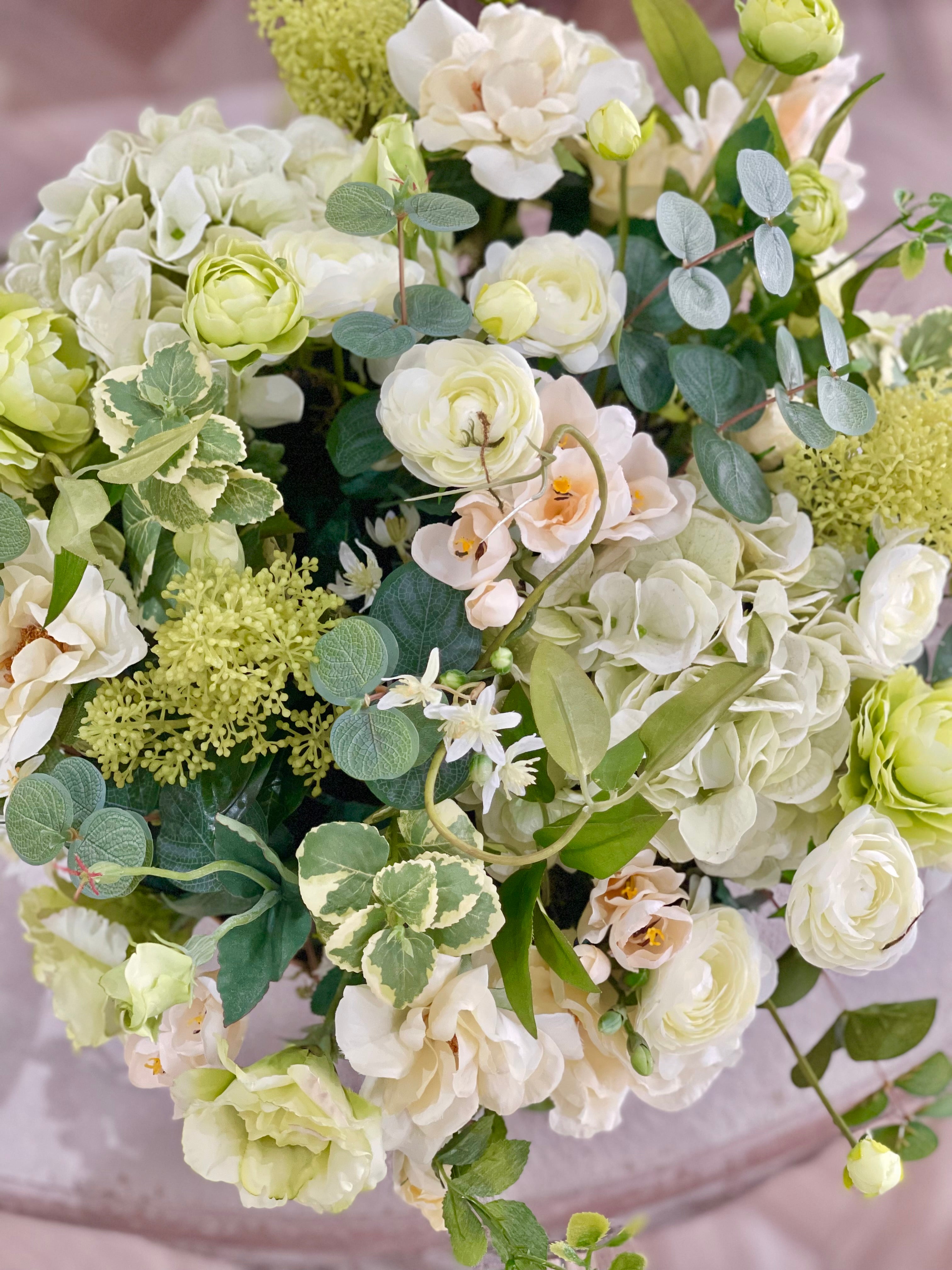 Faux Hydrangea, Ranunculus and Foliage Arrangement