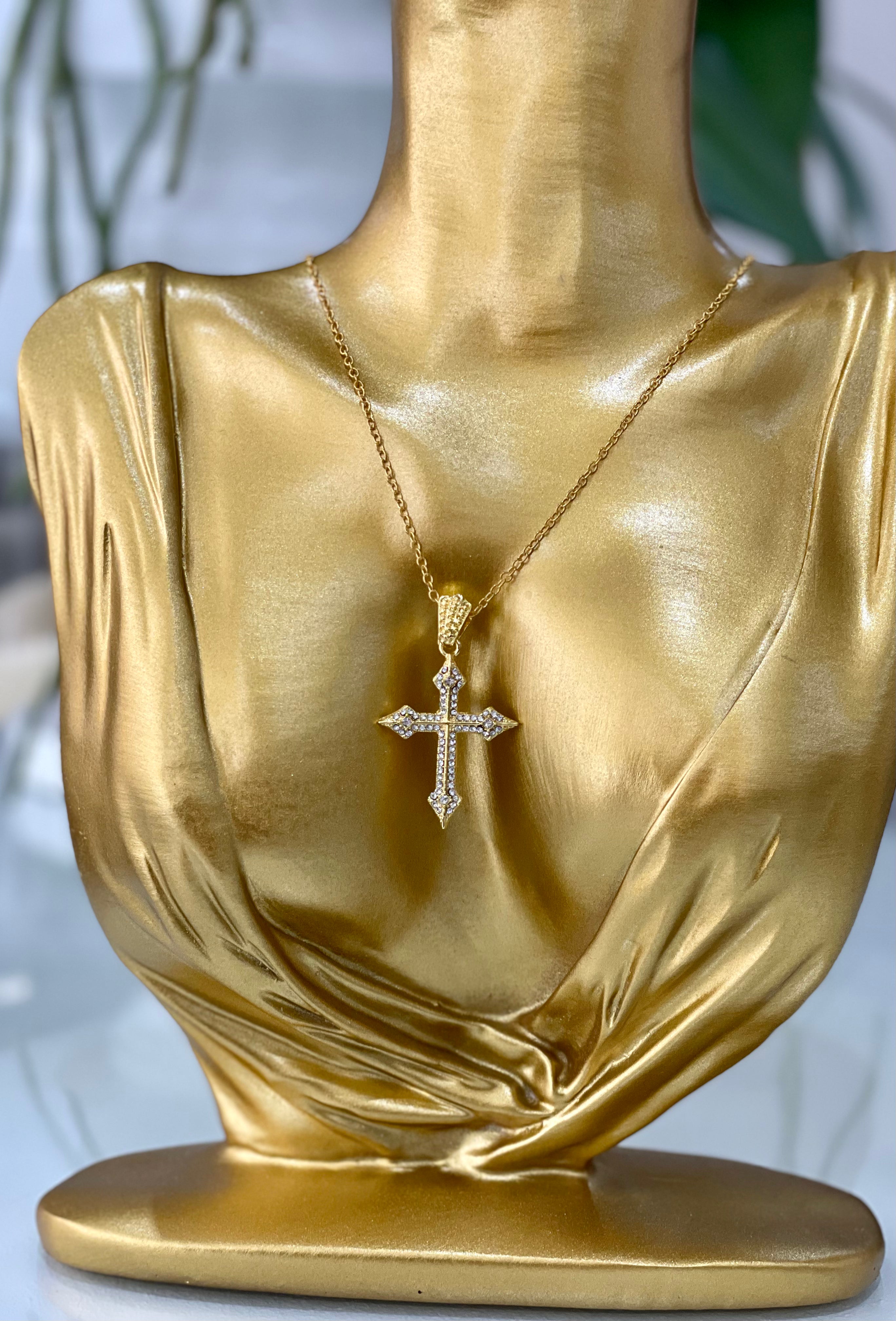 Gold Plated Diamanté Cross Pendant Necklace