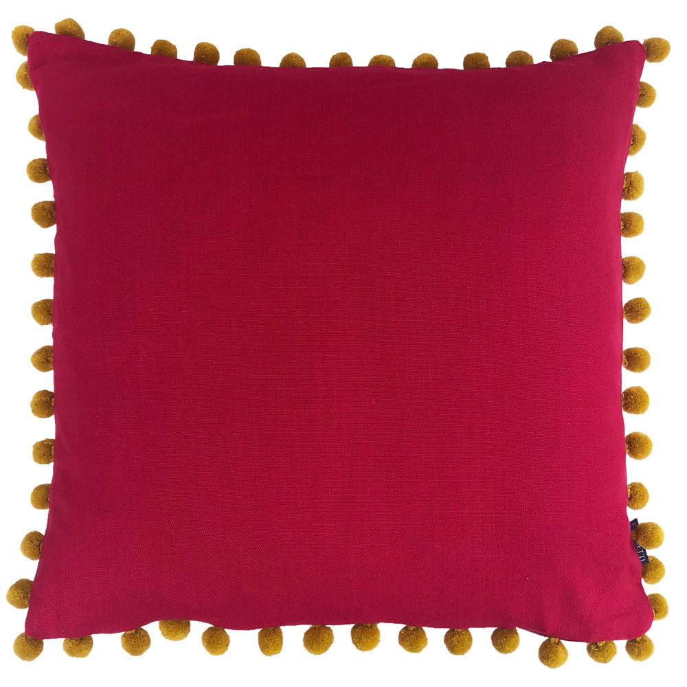 Bohemian Style Velvet Pom Pom Tasselled Cushion in Magenta and Yellow