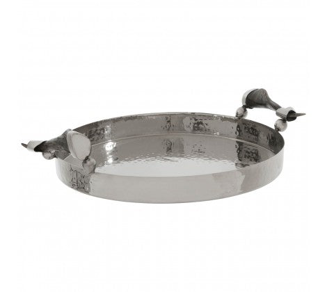 Silver Round Tray with Horn Handle Detail