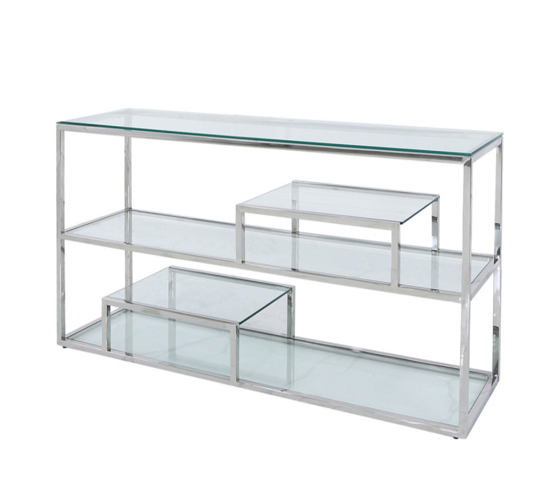 Chrome Steel and Clear Glass Tiered Console Table