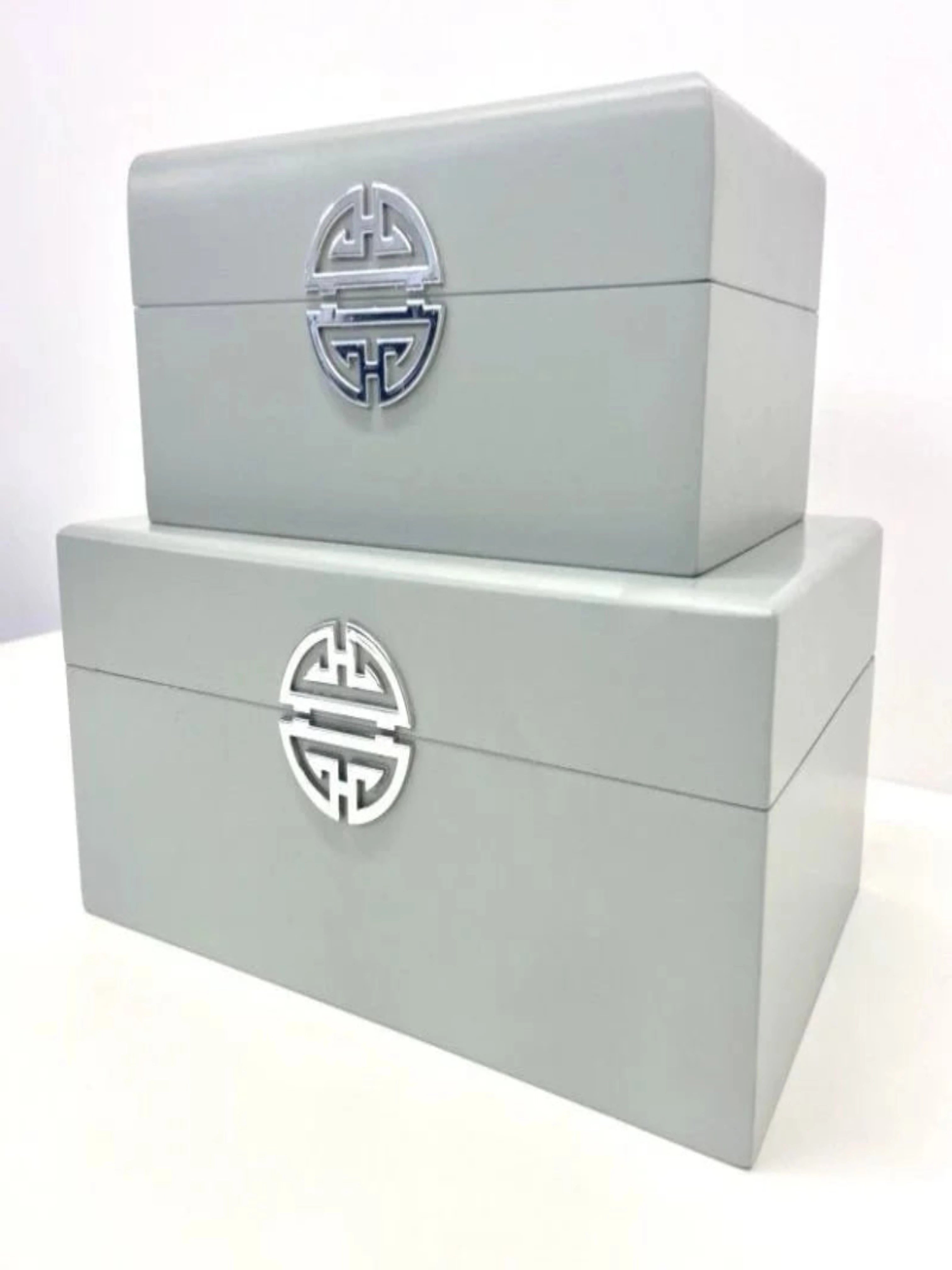 Set of Two Grey Wooden Storage Boxes with Silver Detail