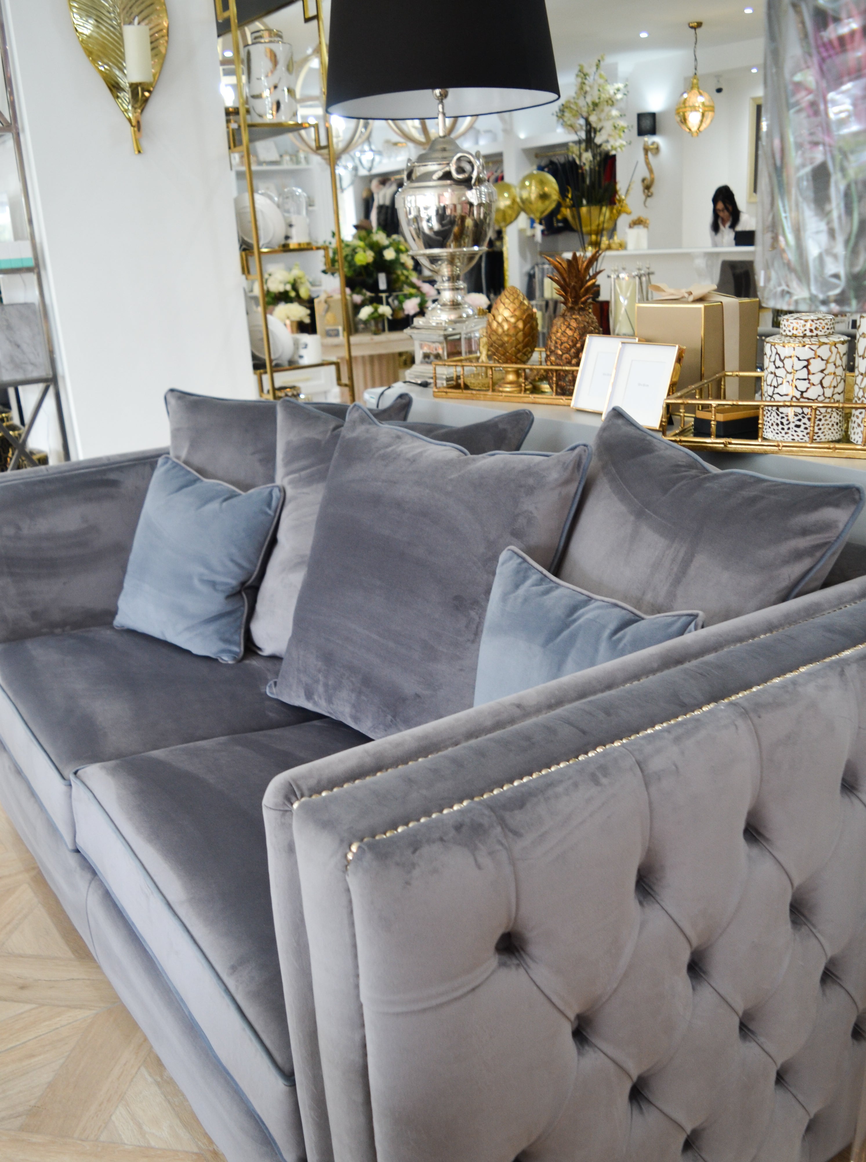 Luxury Grey Velvet Buttoned Two Seater Sofa
