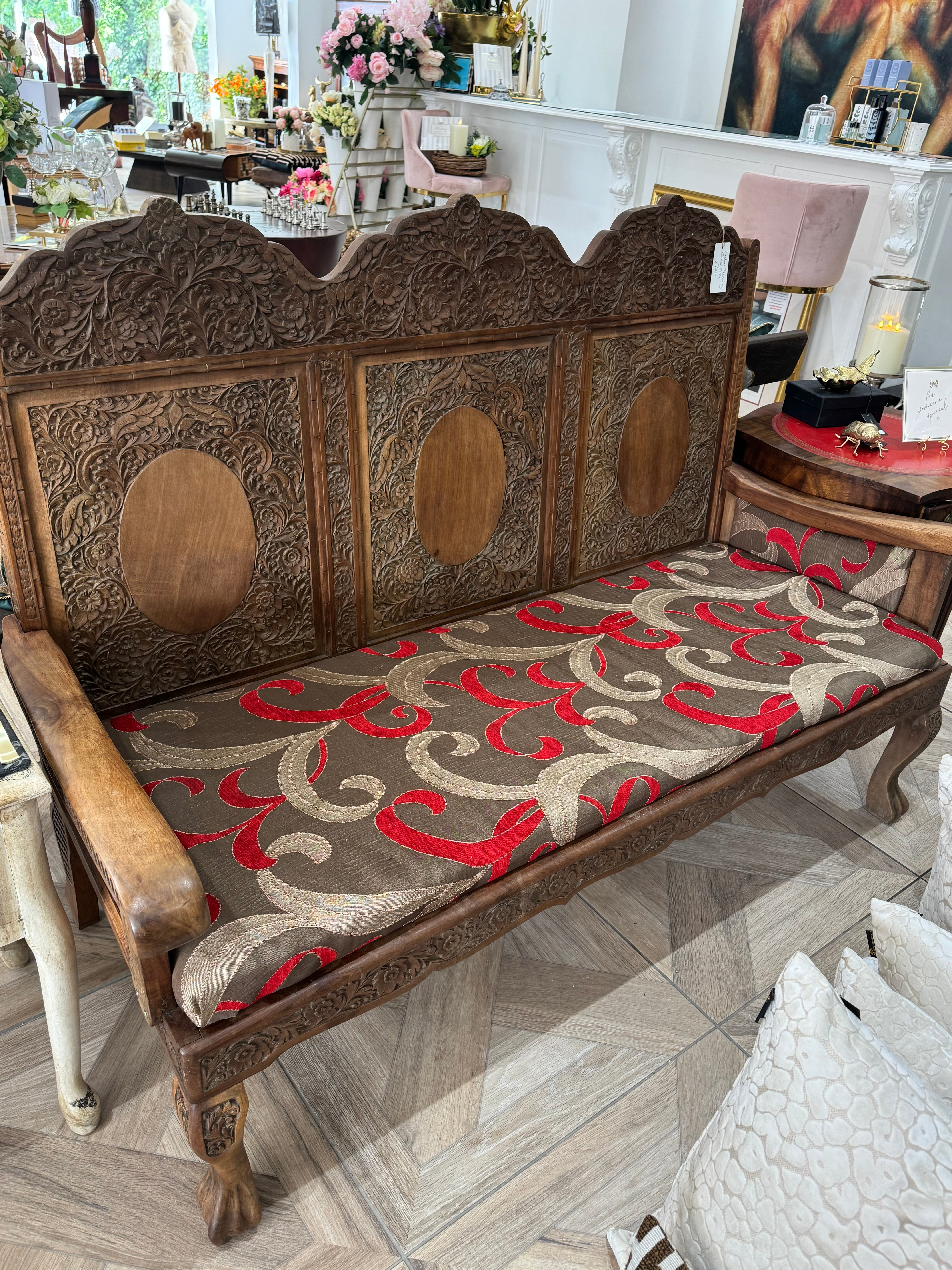 Vintage Hand-Carved Kashmiri Walnut Settle
