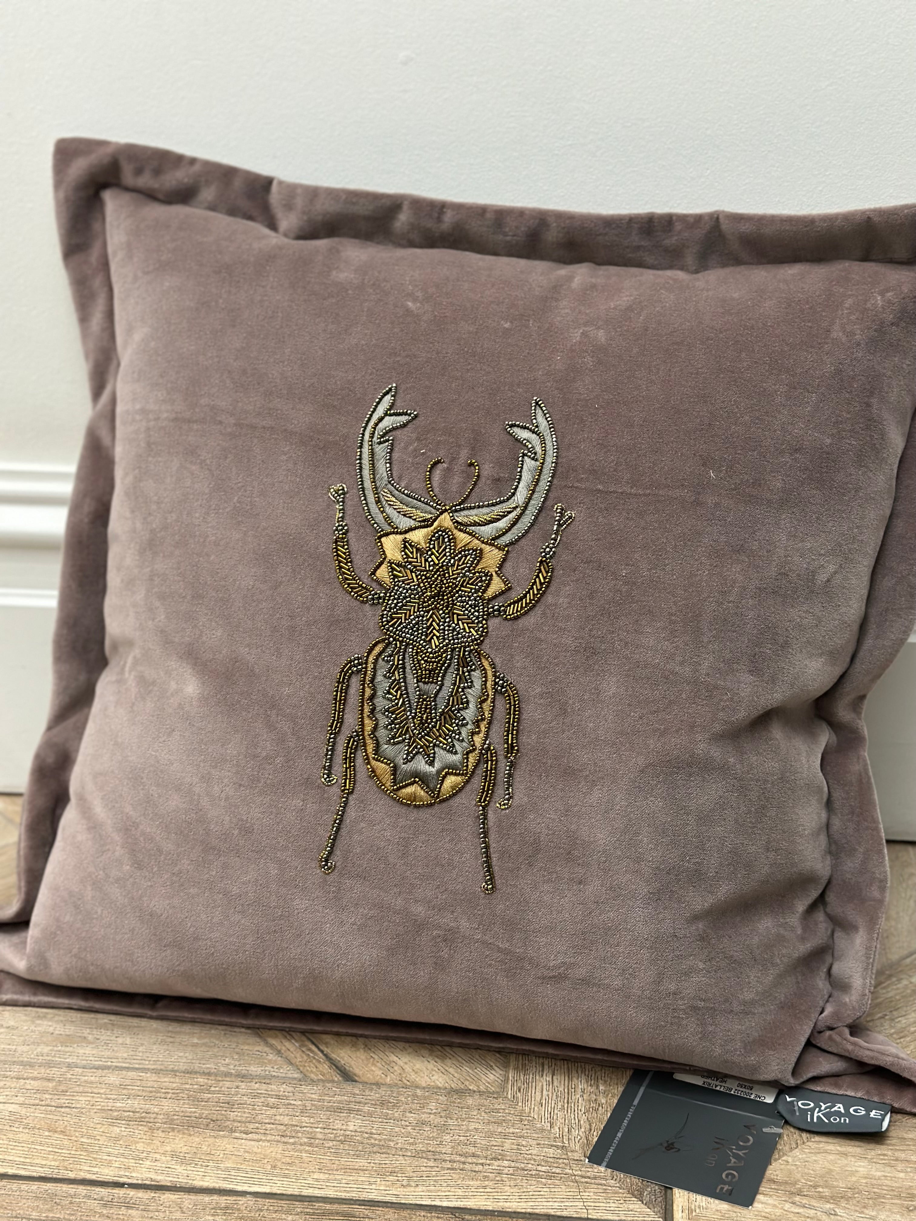Voyage Maison Blush Velvet Cushion with Beaded Embroidered Beetle Design