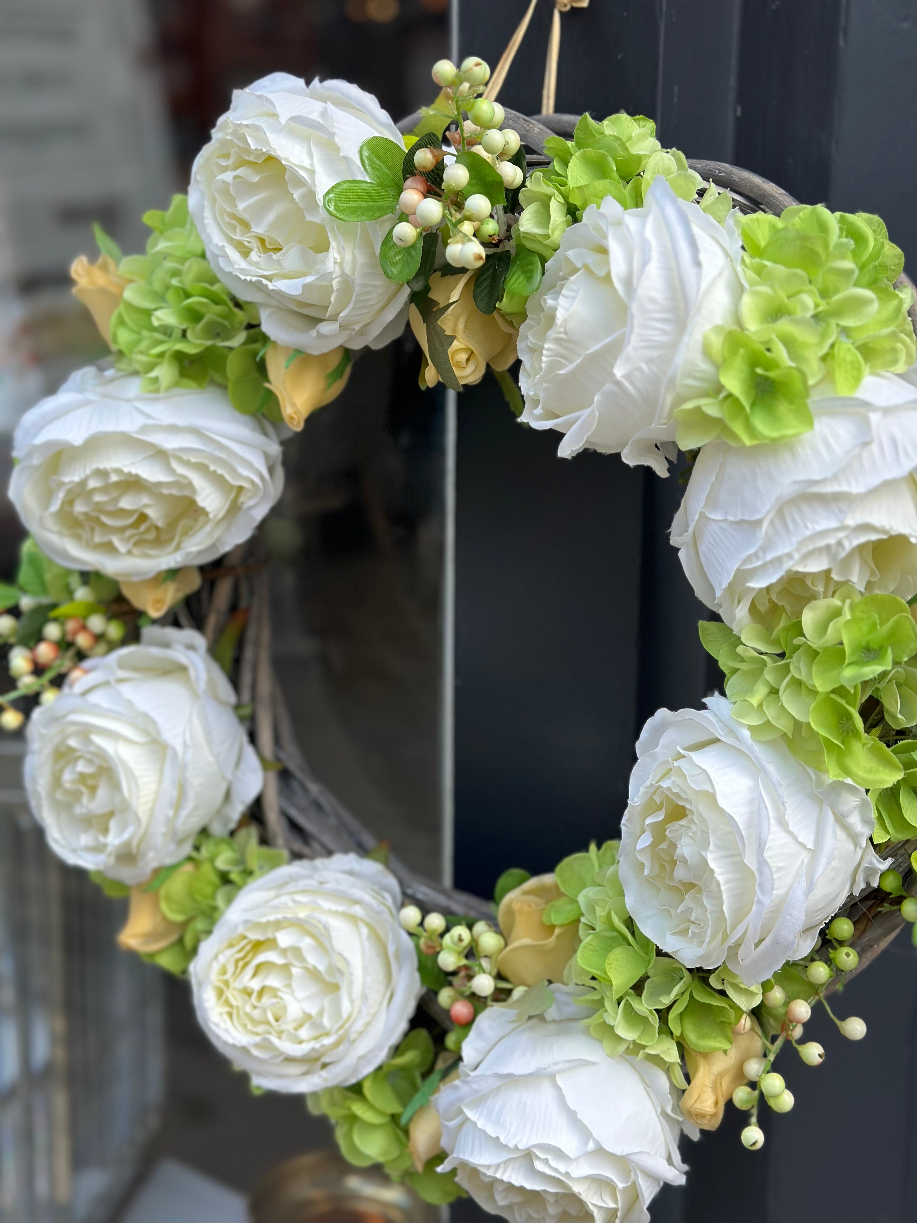Faux Rose, Snow Berry and Hydrangea Wreath