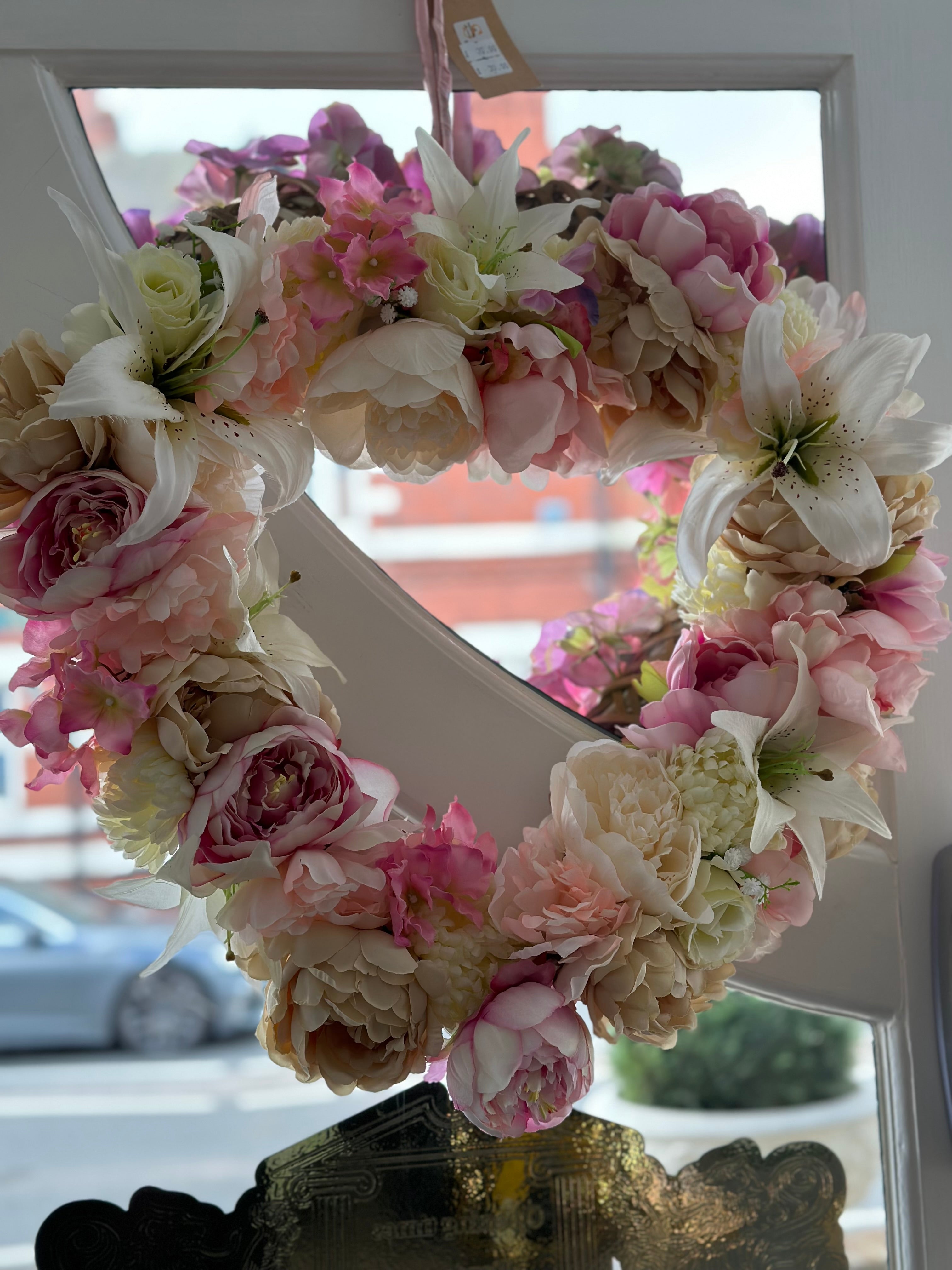 Faux Peony, Lily and Crysanthemum Heart Wreath