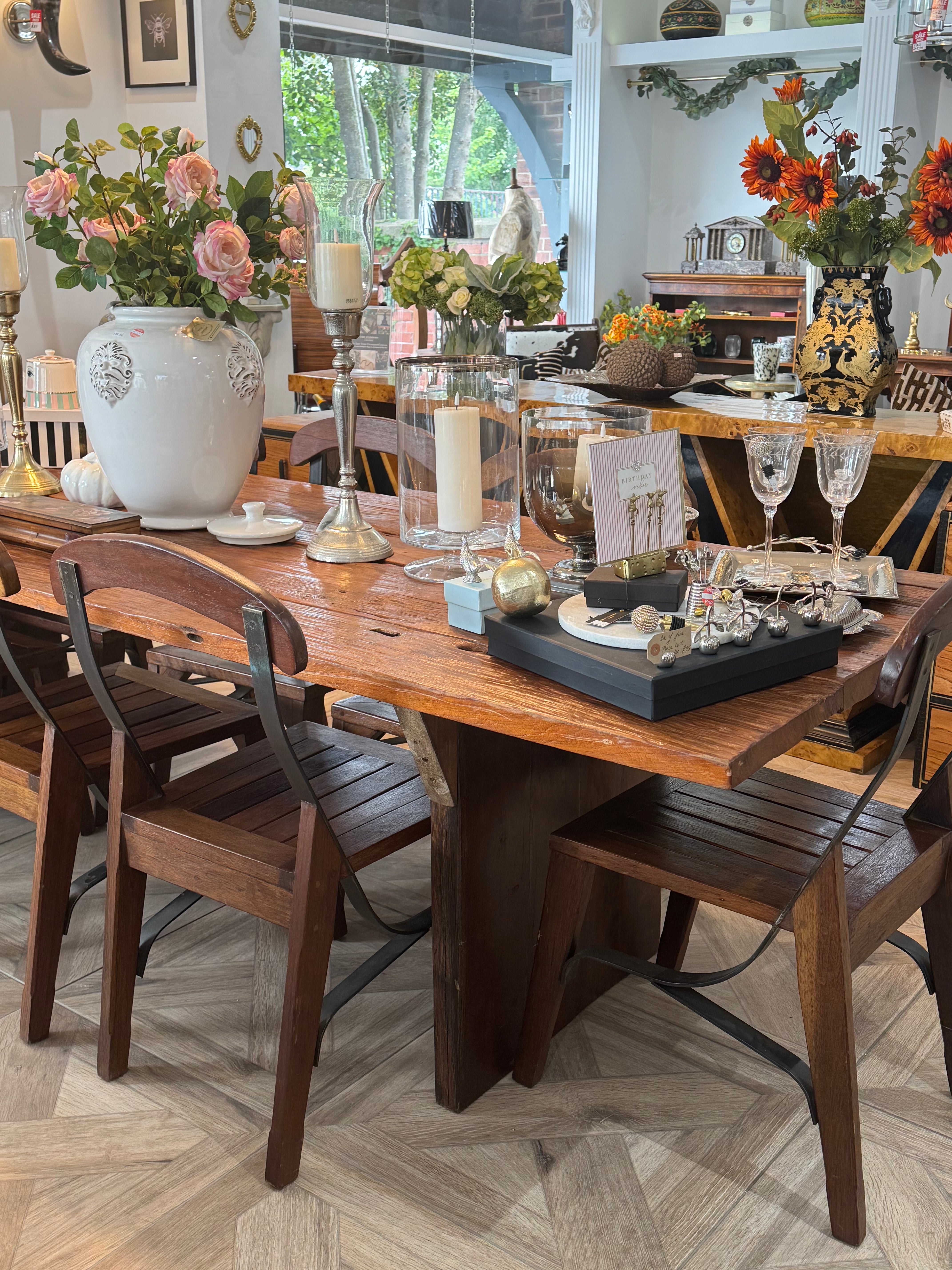 Antique-Style Rustic Dining Table with 10 Traditional Industrial Chairs