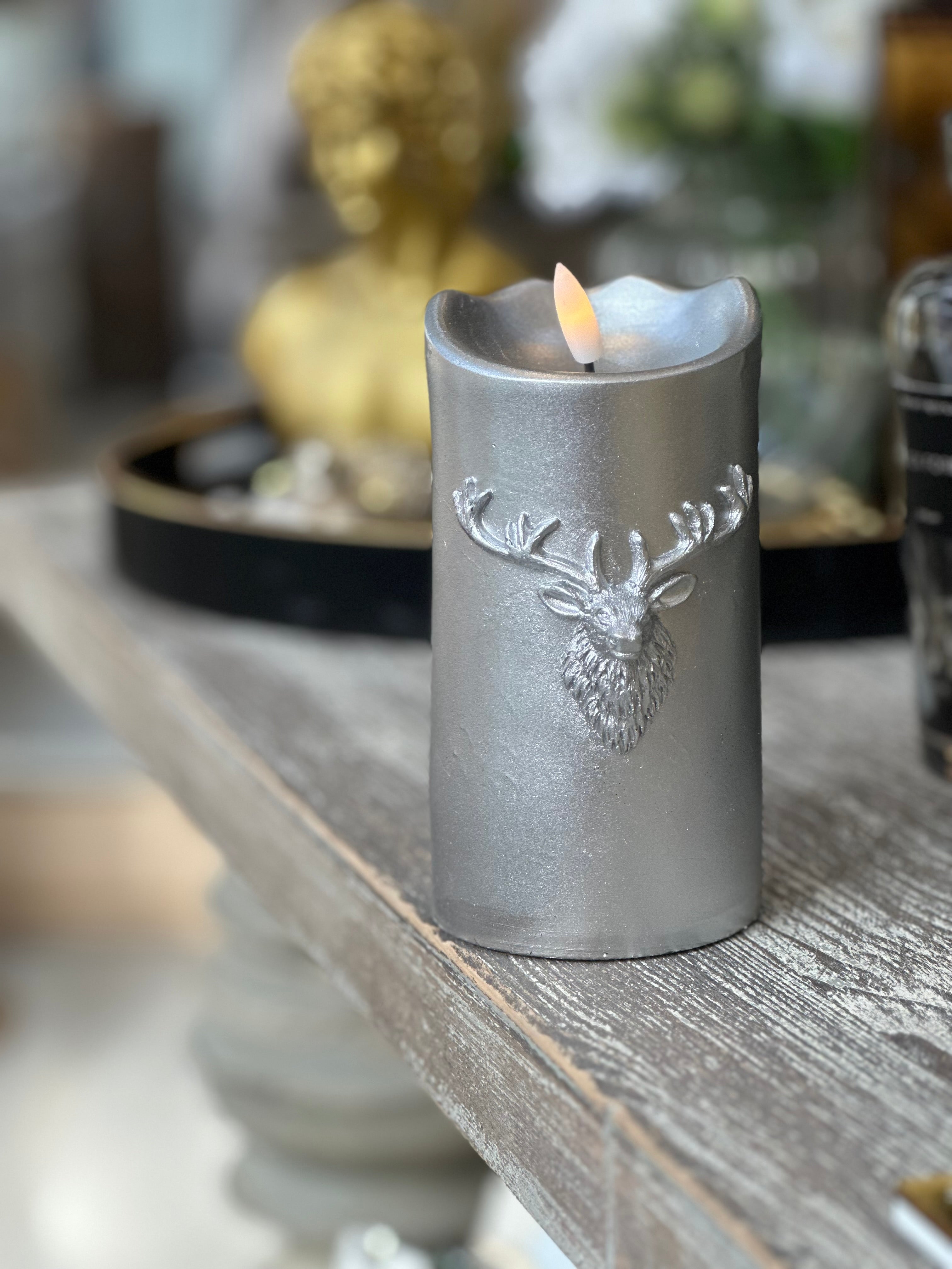 Silver LED Embossed Stag Candle