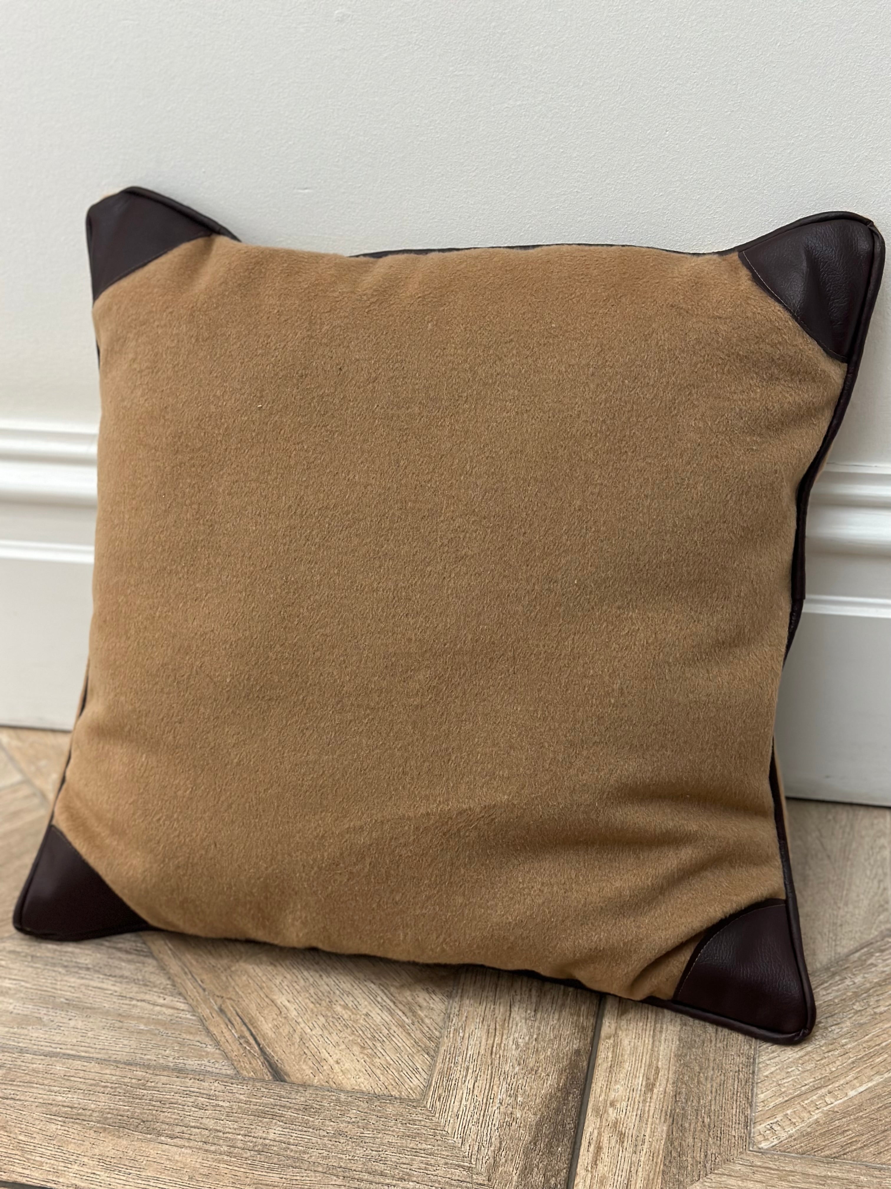 Square cushion in taupe with leather effect corners in chocolate brown