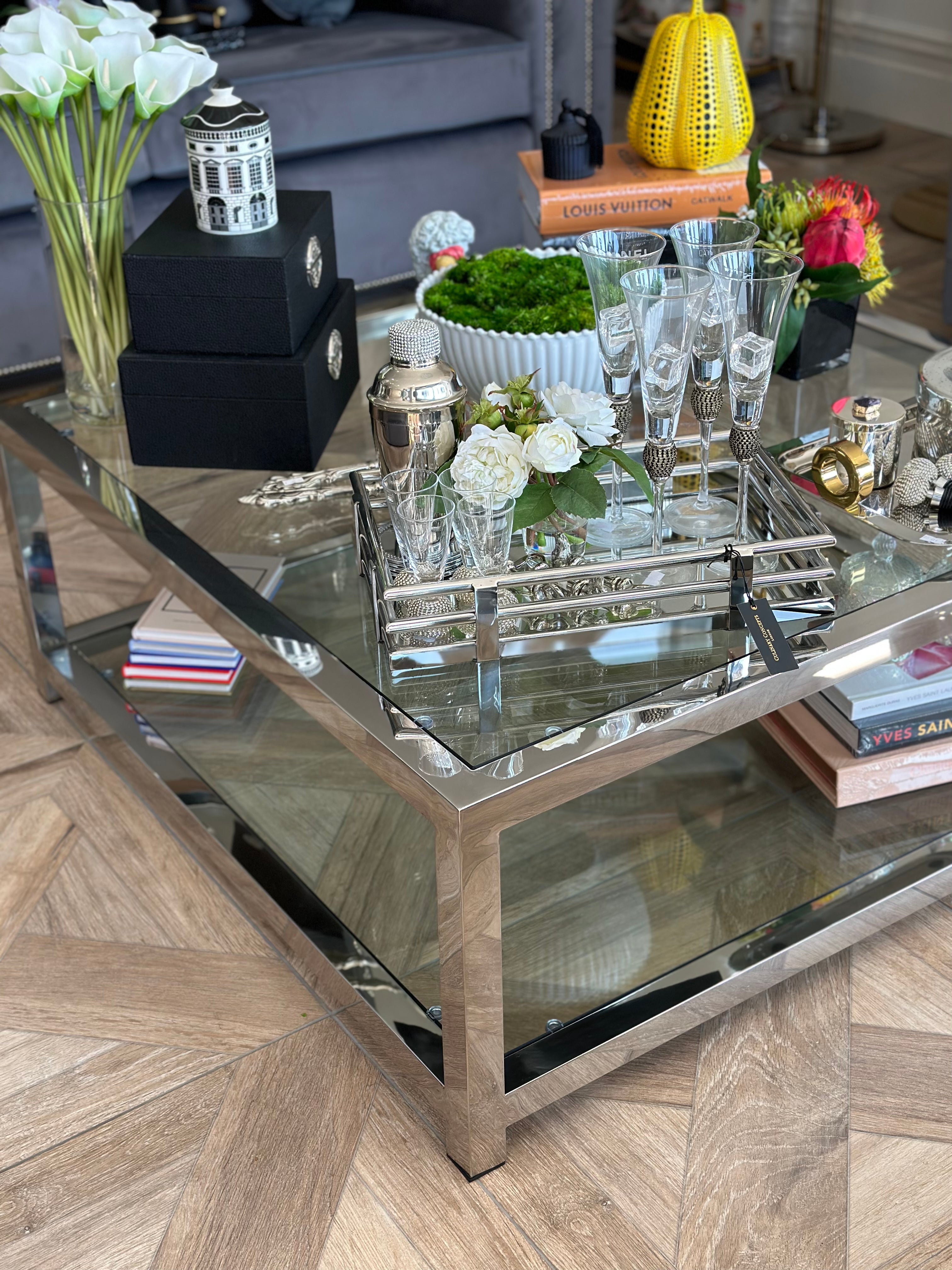 Two Tiered Glass and Steel Square Coffee Table