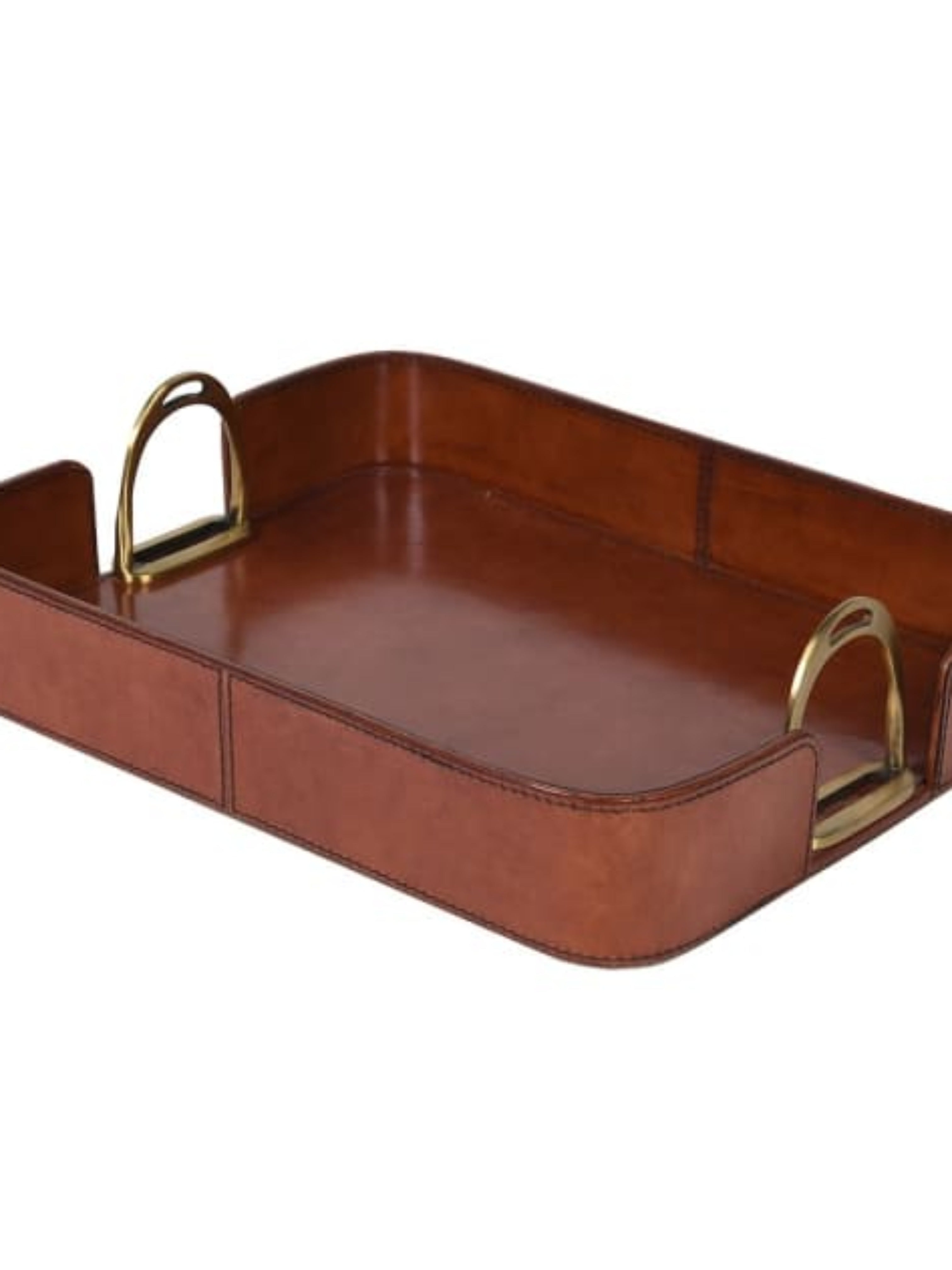 Rectangular Leather Tray with Stirrup Handles