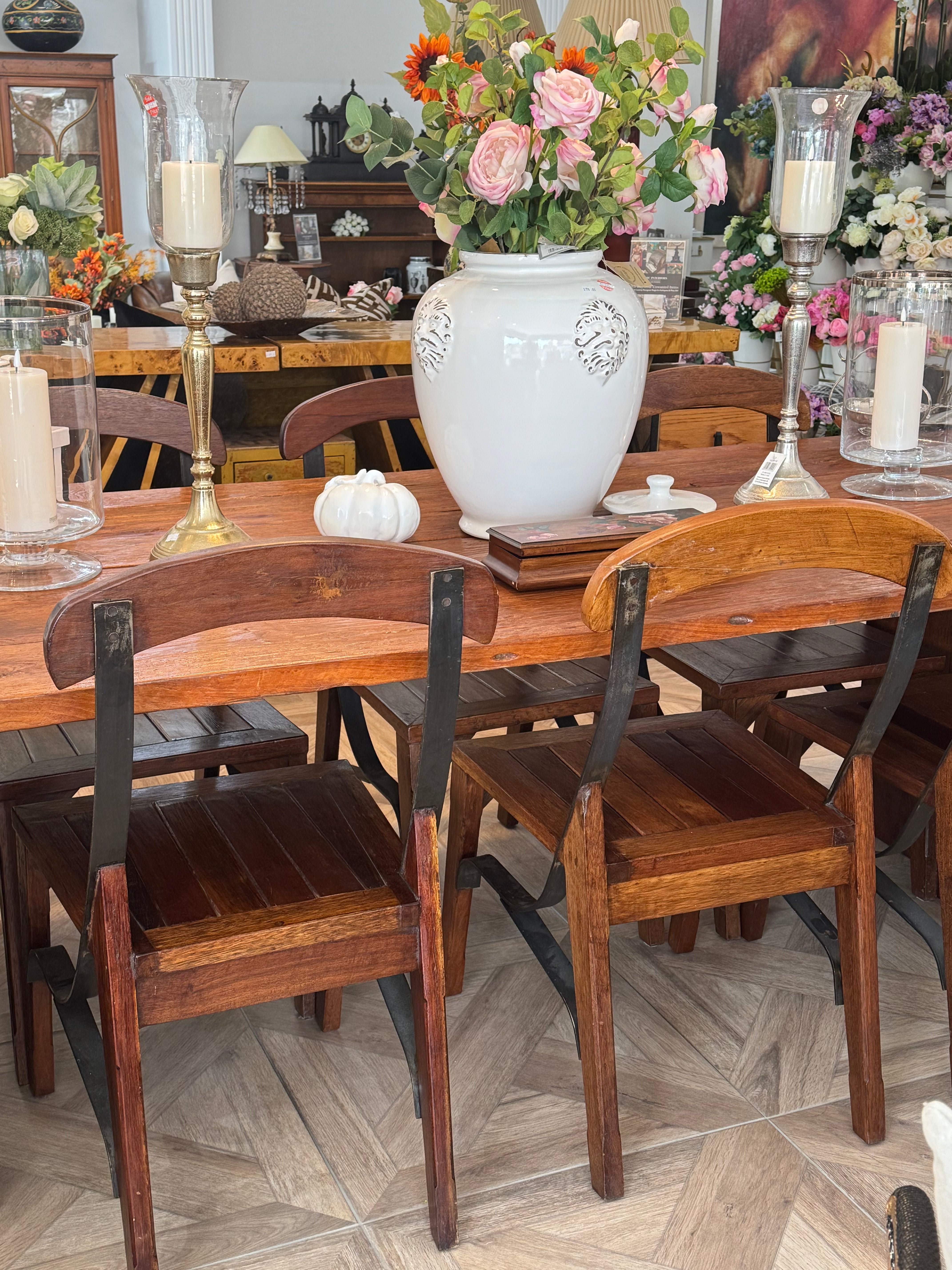 Antique-Style Rustic Dining Table with 10 Traditional Industrial Chairs