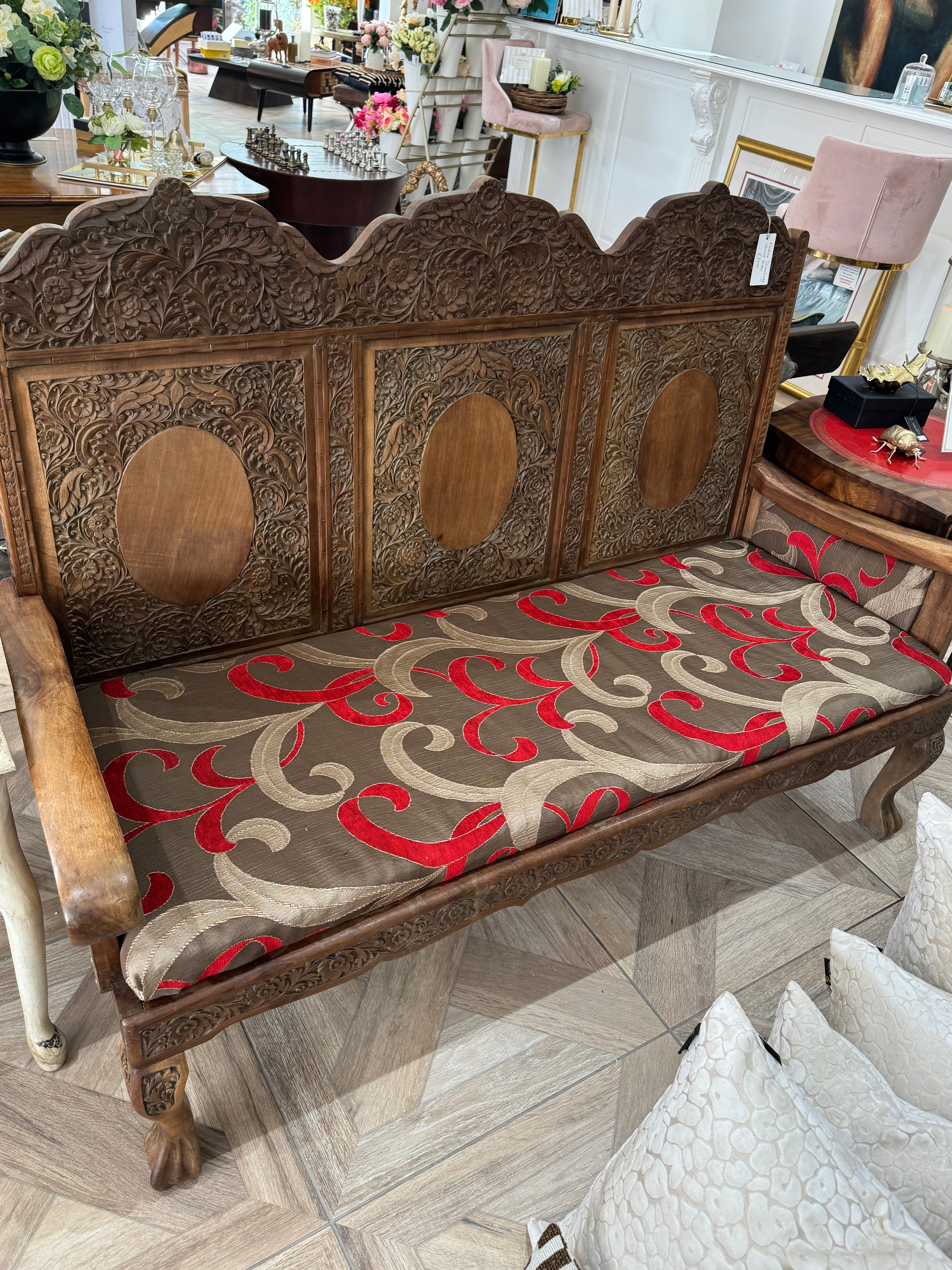 Vintage Hand-Carved Kashmiri Walnut Settle