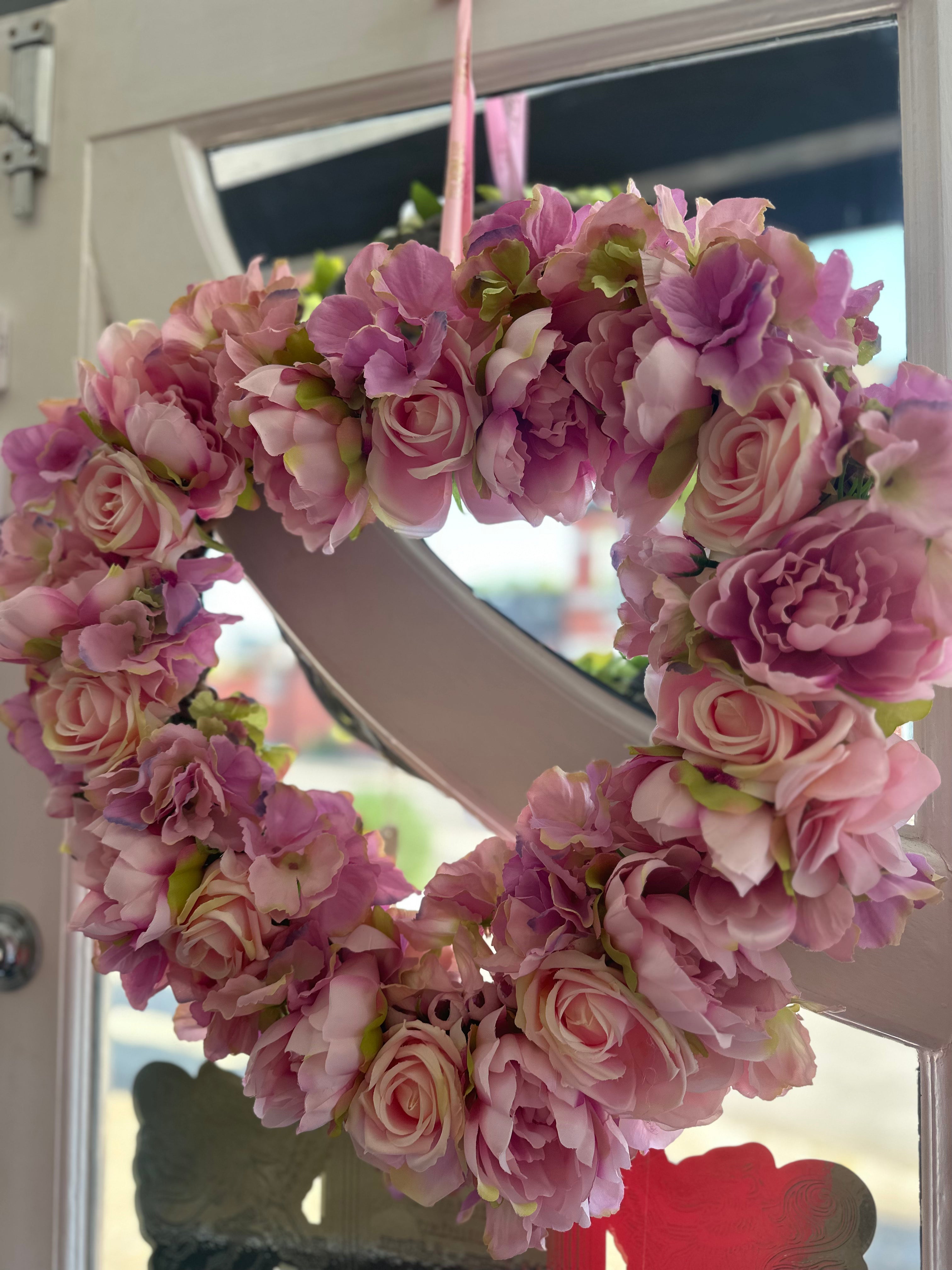Faux Rose and Peony Heart Wreath