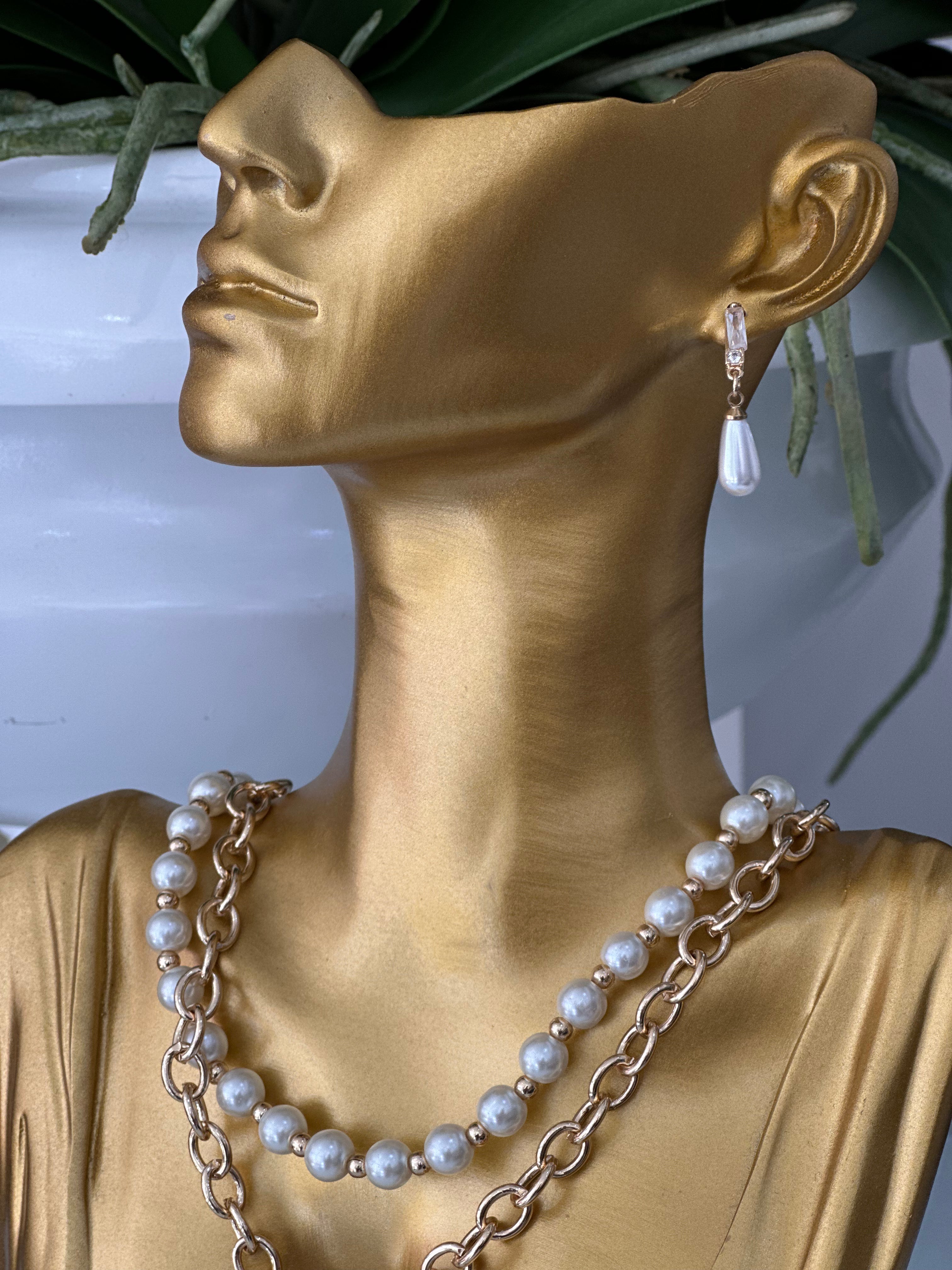 Gold Plated Diamanté Pearl Drop Earrings