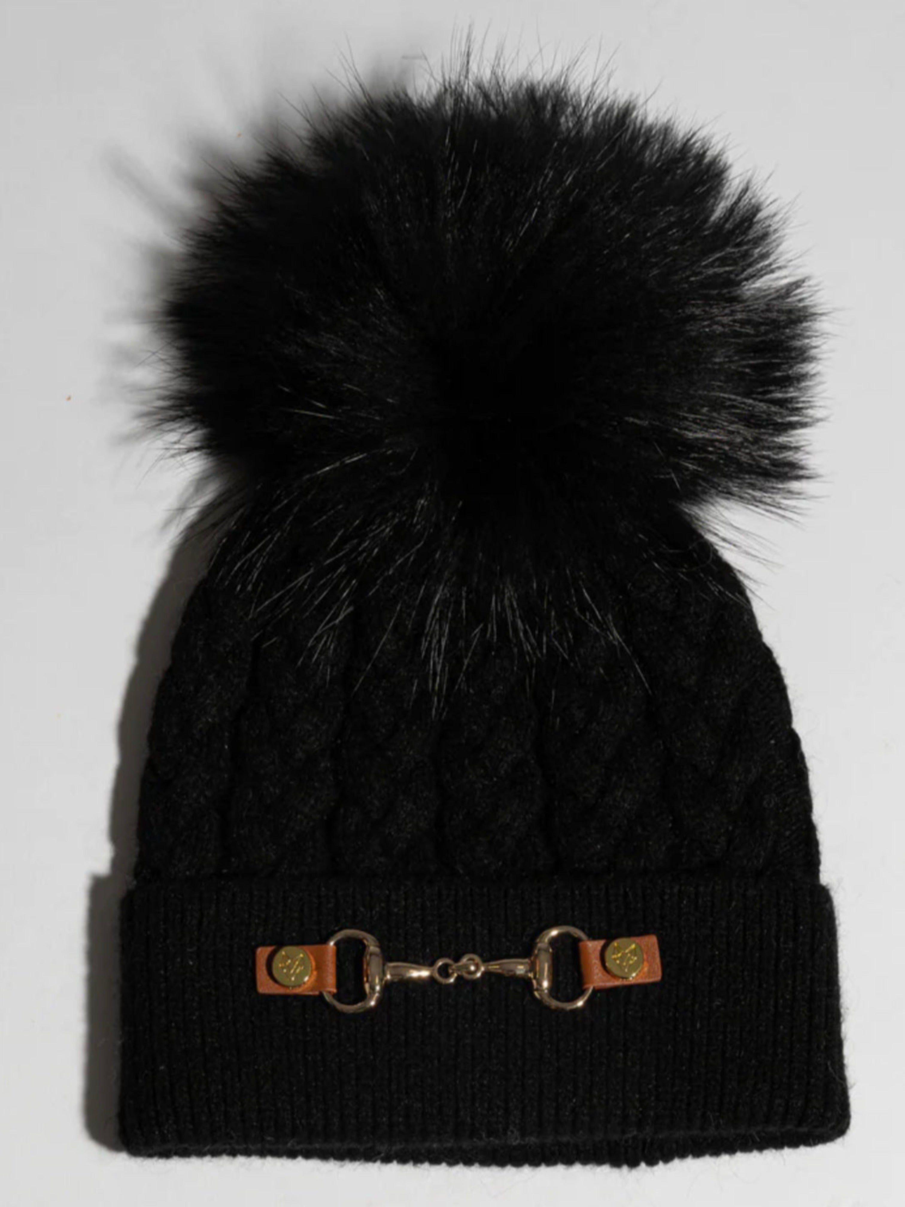 black pom pom hat racoon detachable fur pom pom  with horse bit detail 