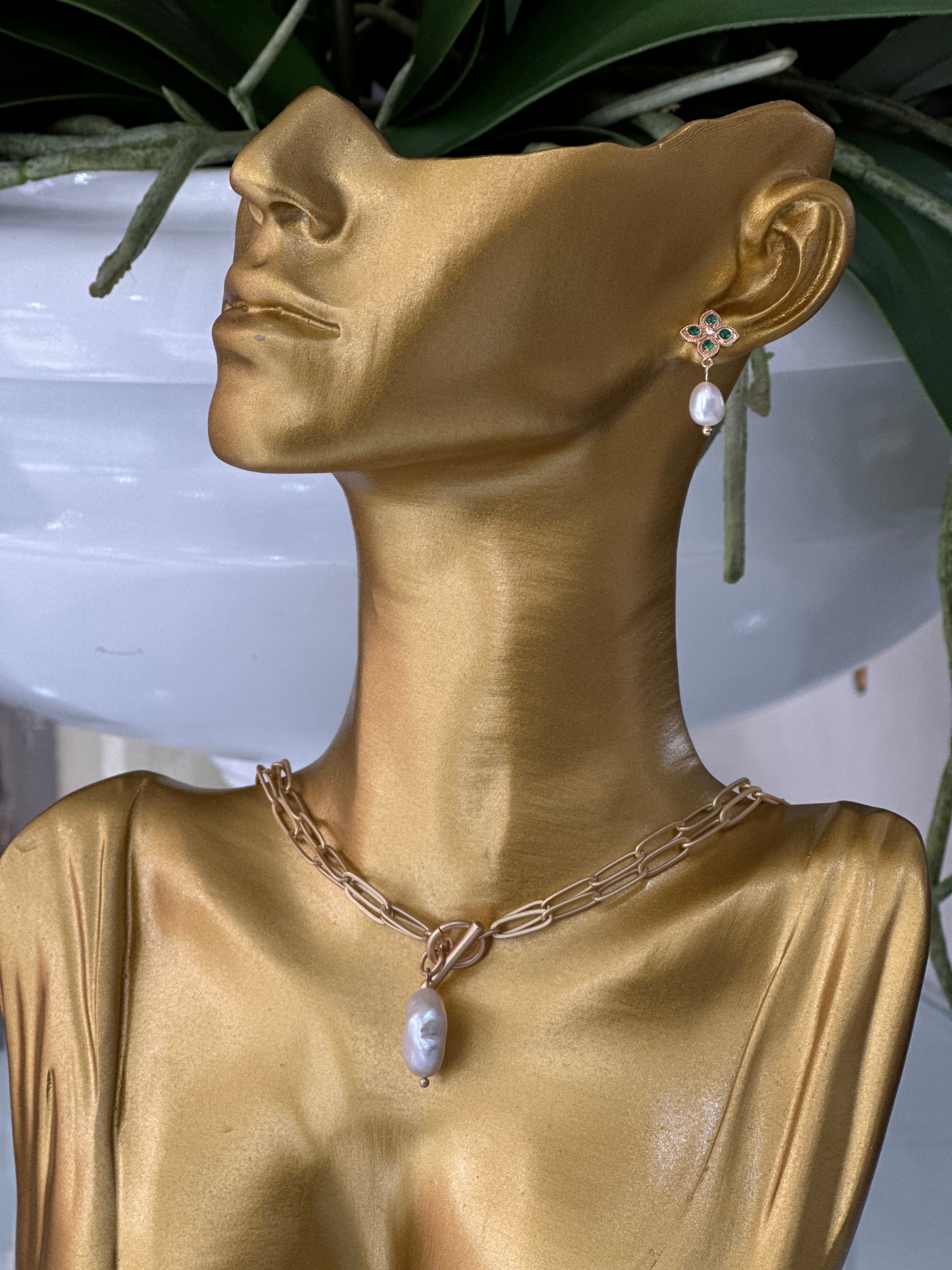 Gold Plated Green Flower Pearl Drop Earrings
