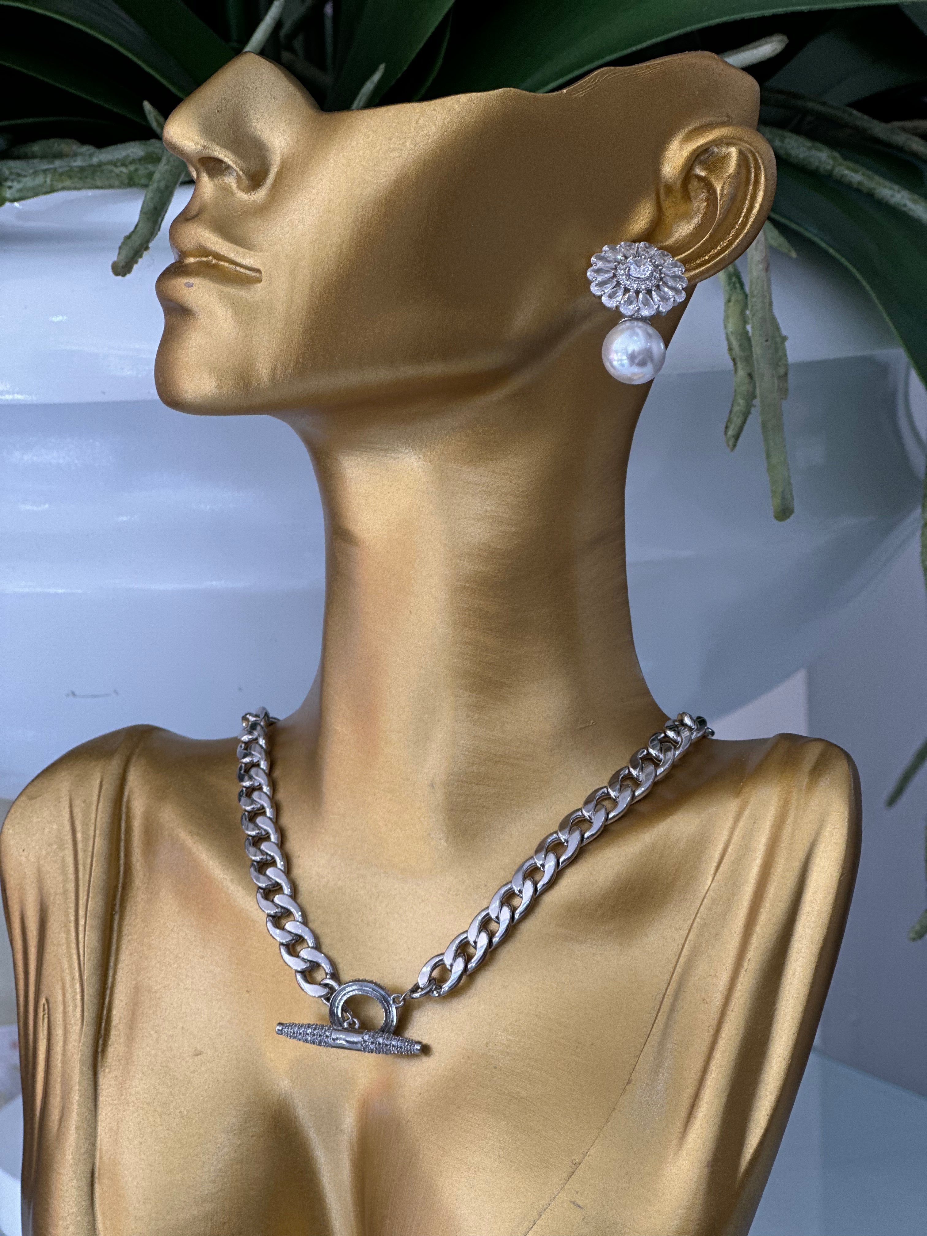 Silver Plated Crystal Flower Pearl Drop Earrings