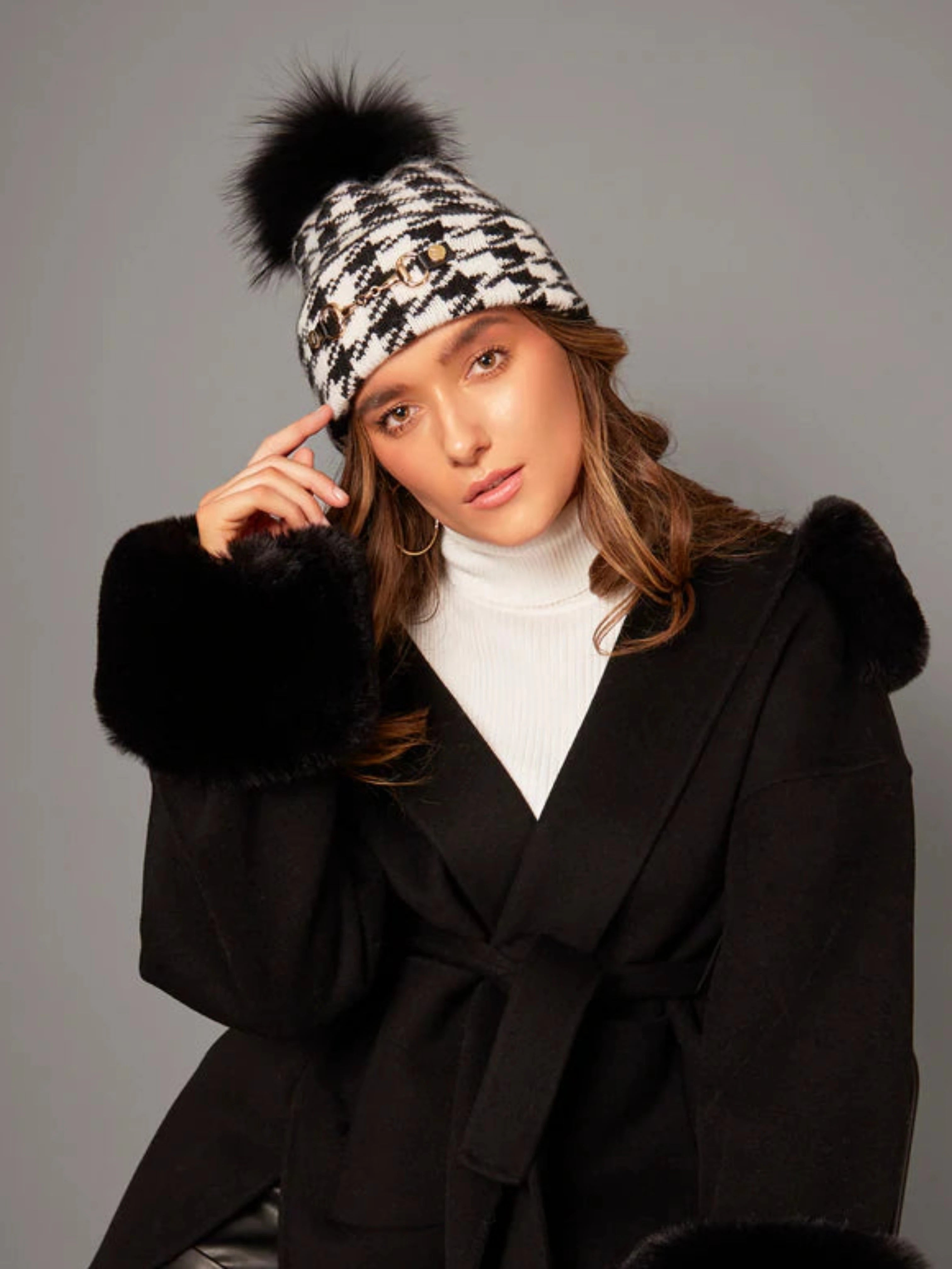 Agora Wool Houndstooth Fur Pom Pom Hat | Multiple Colours