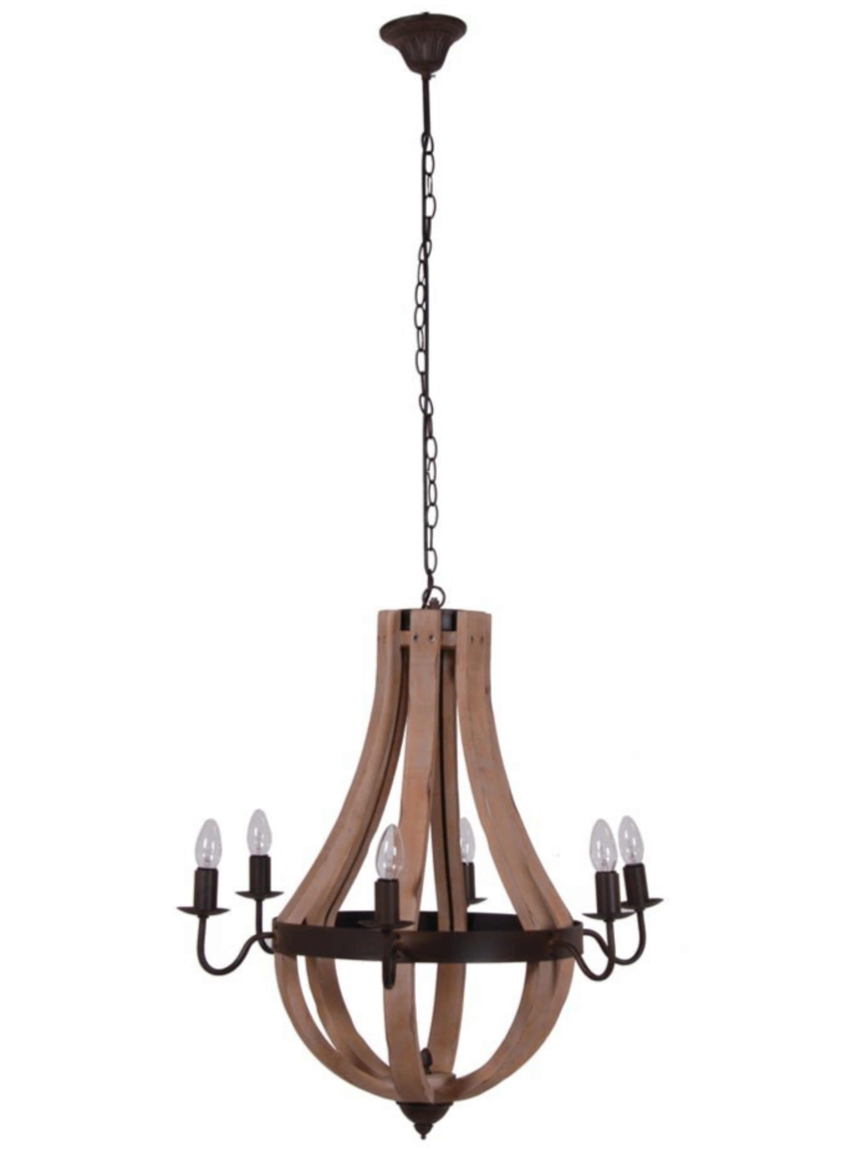 Wooden Caged Six Arm Chandelier