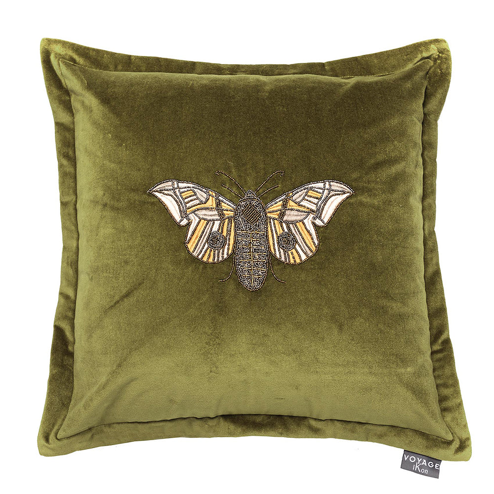 Voyage Maison Grass Green Velvet Cushion with Beaded Embroidered Moth Design