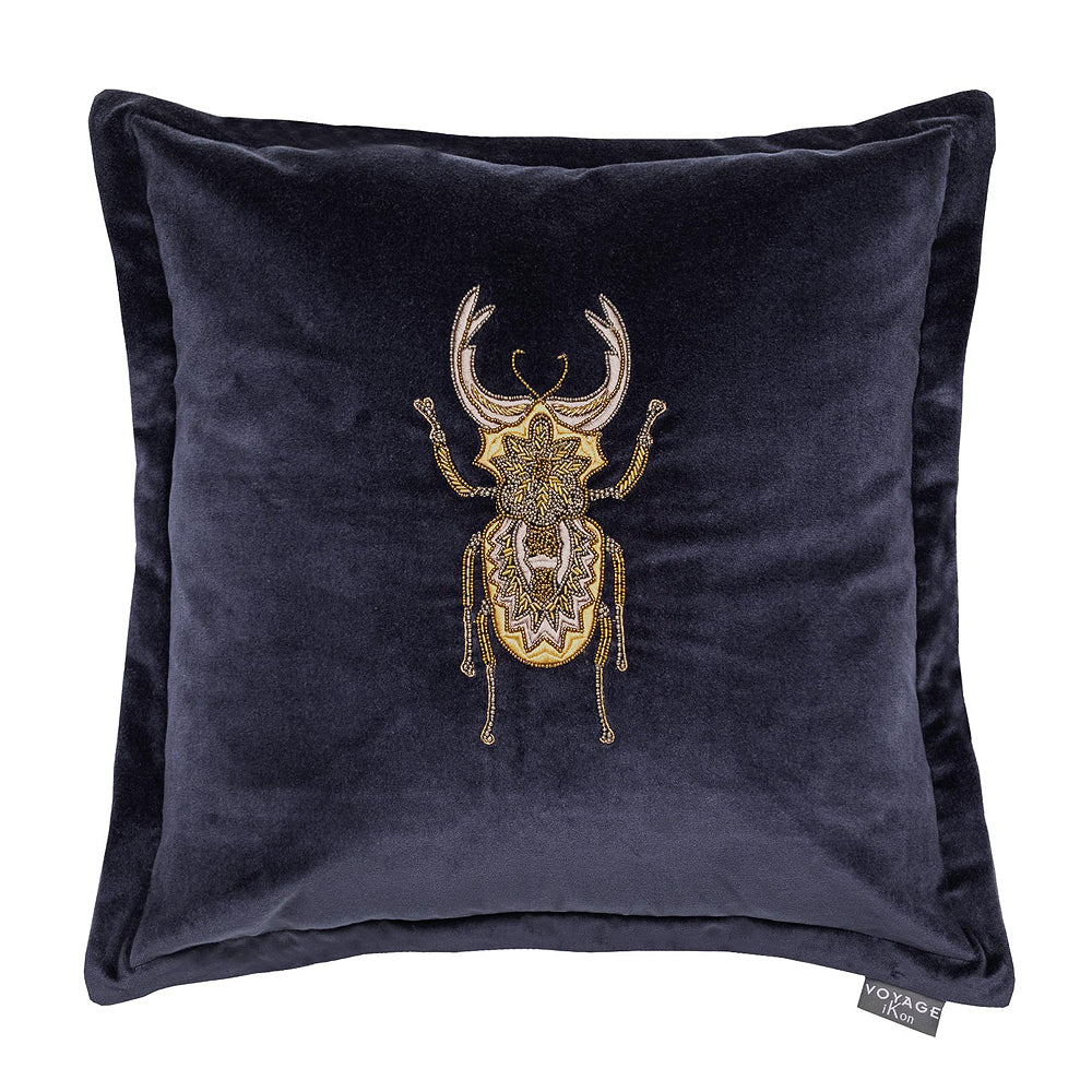 Voyage Maison Navy Velvet Cushion with Beaded Embroidered Beetle Design