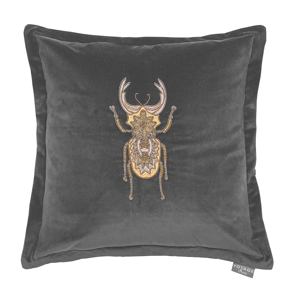 Voyage Maison Slate Velvet Cushion with Beaded Embroidered Beetle Design