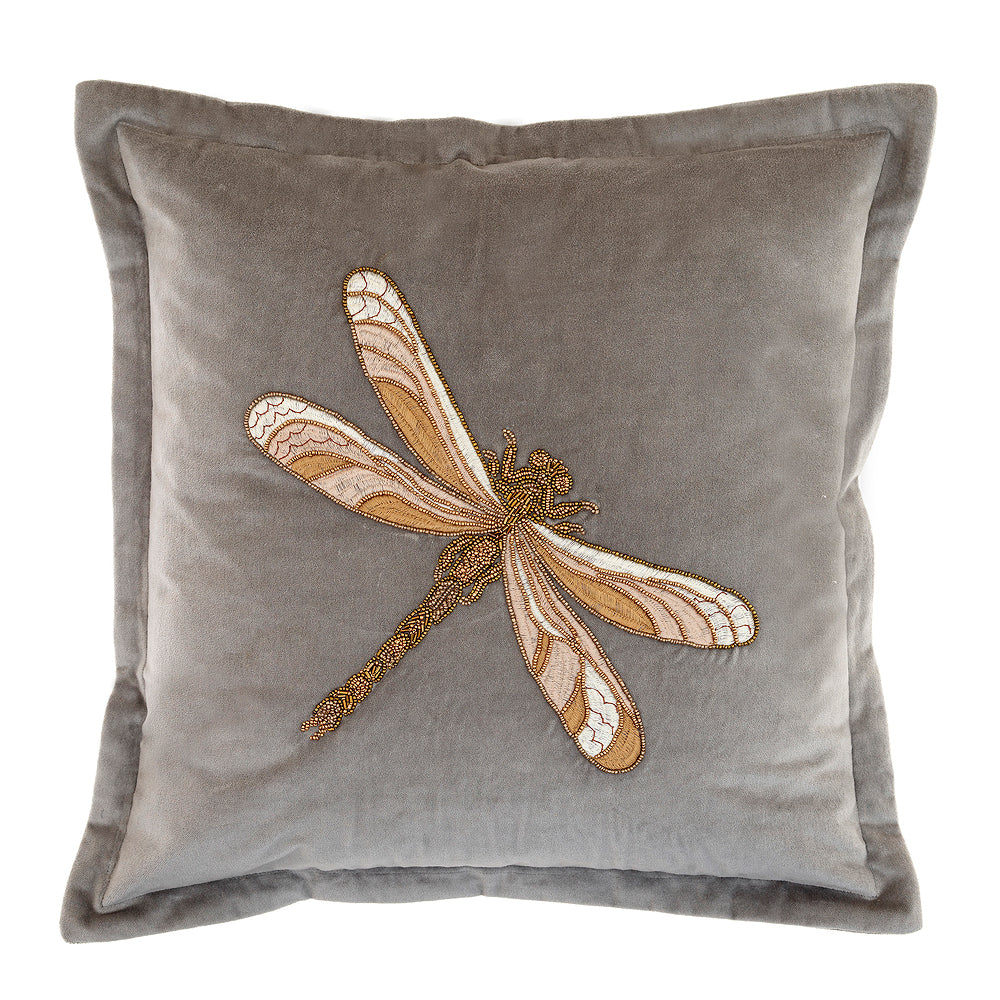 Voyage Maison Grey Velvet Cushion with Beaded Embroidered Dragonfly Design