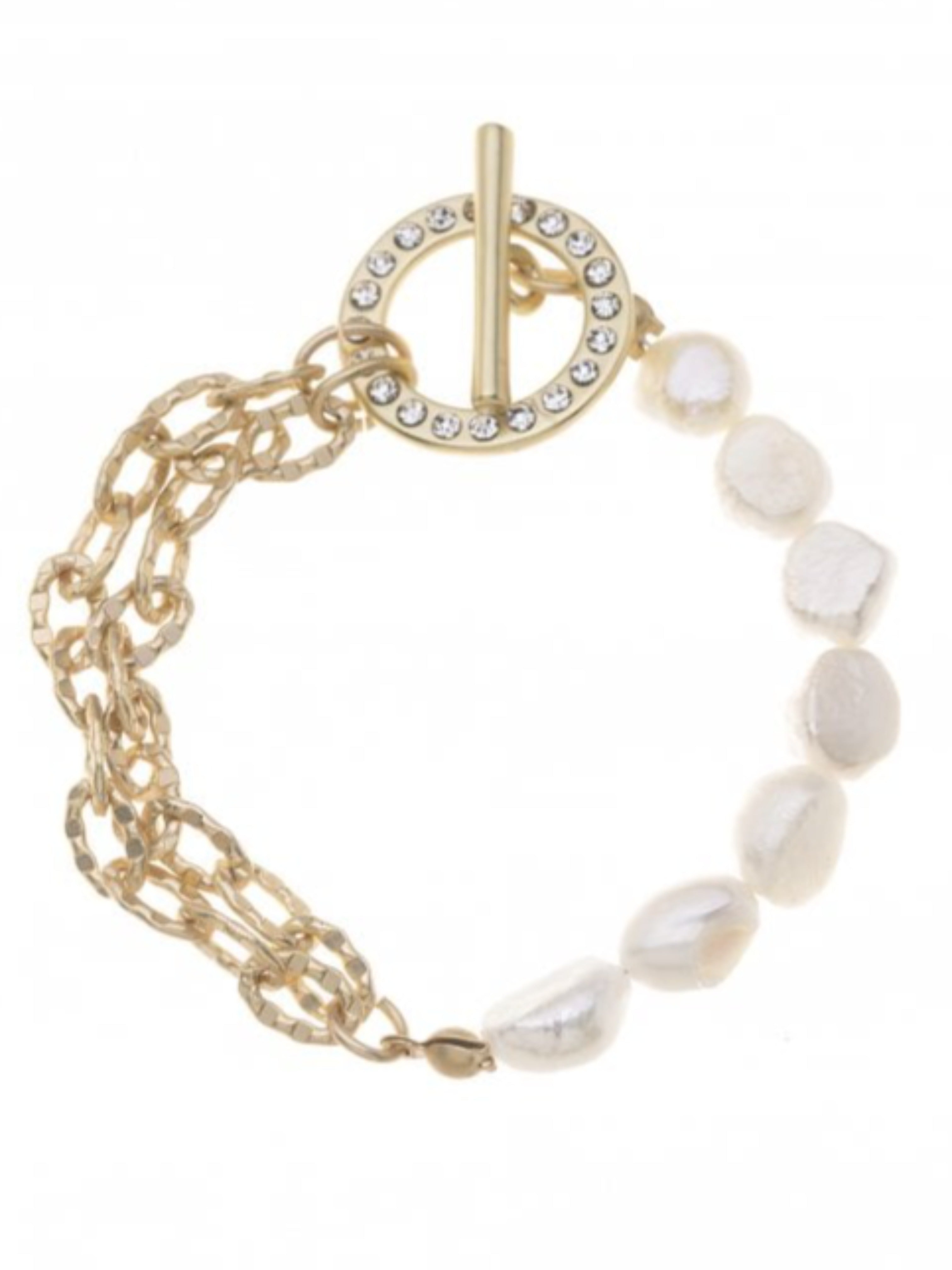 Gold Plated Double Chain and Pearl T-Bar Bracelet with Diamanté Detail