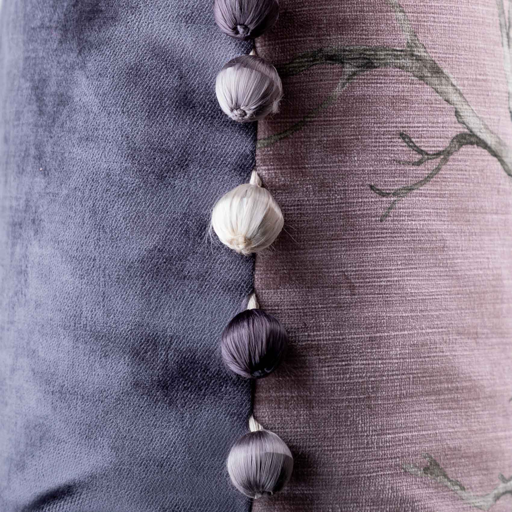 Voyage Maison Luxury Blush Velvet Cushion with Purple Pom Pom Bead Trim