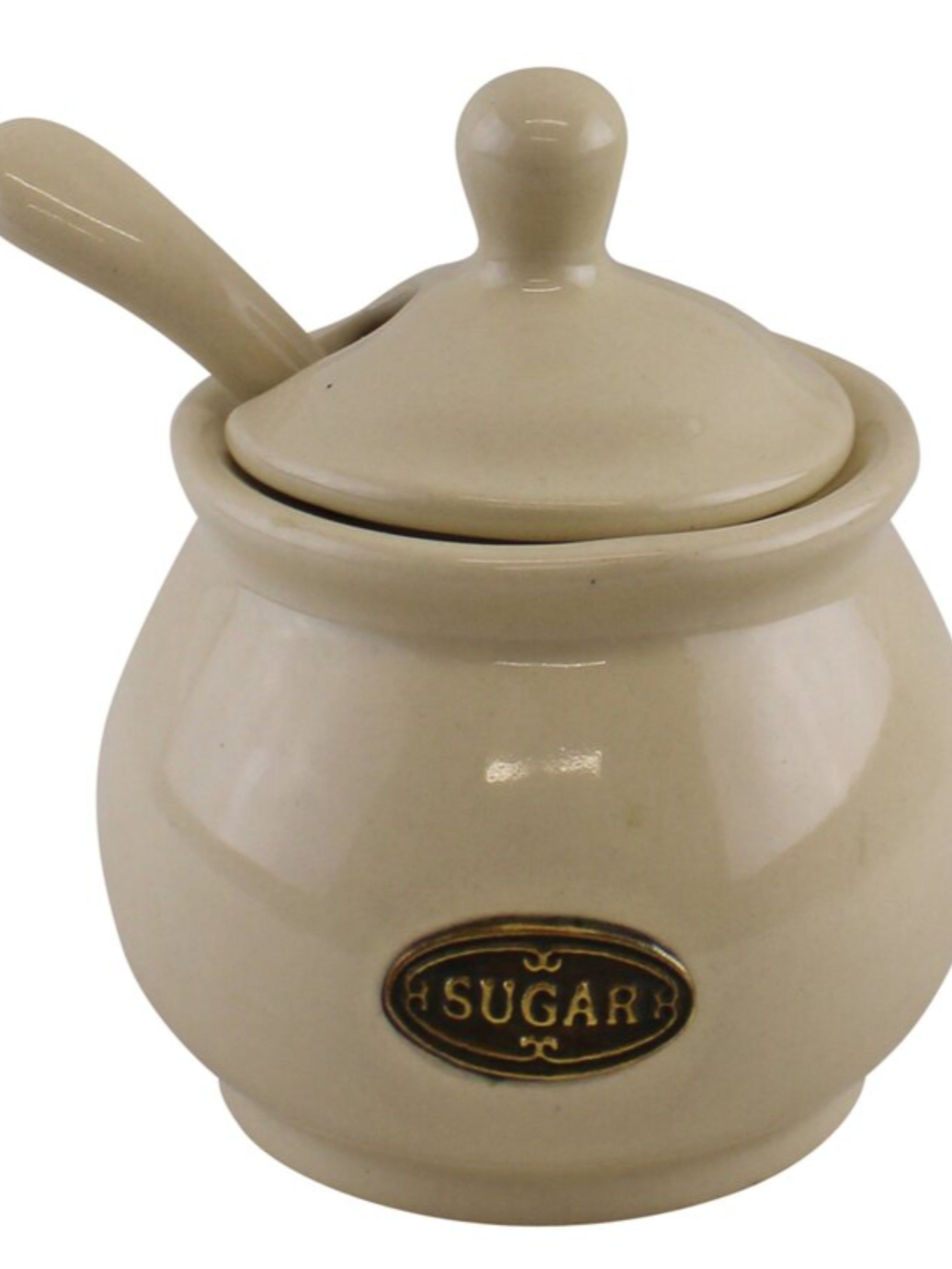 Country Cottage Cream Ceramic Sugar Bowl With Lid & Spoon