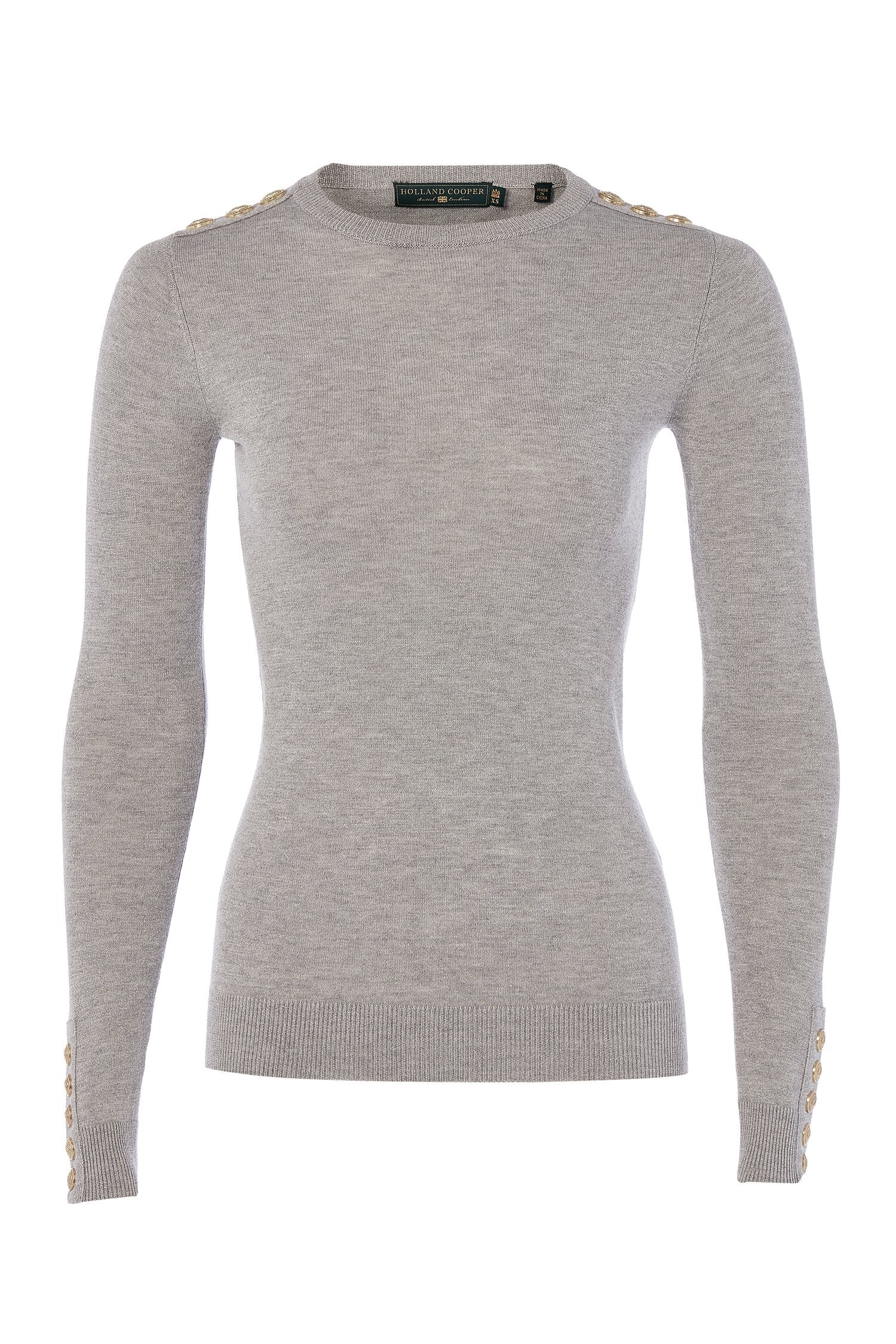 Holland Cooper Button Knit Metallic Crew Neck Sweater- Grey, Black, Pink, Beige