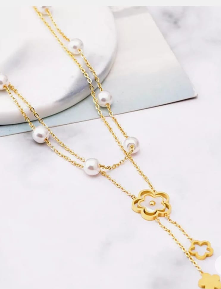 Gold Plated Double Chain Necklace with Pearl Detail and Flower Pendant