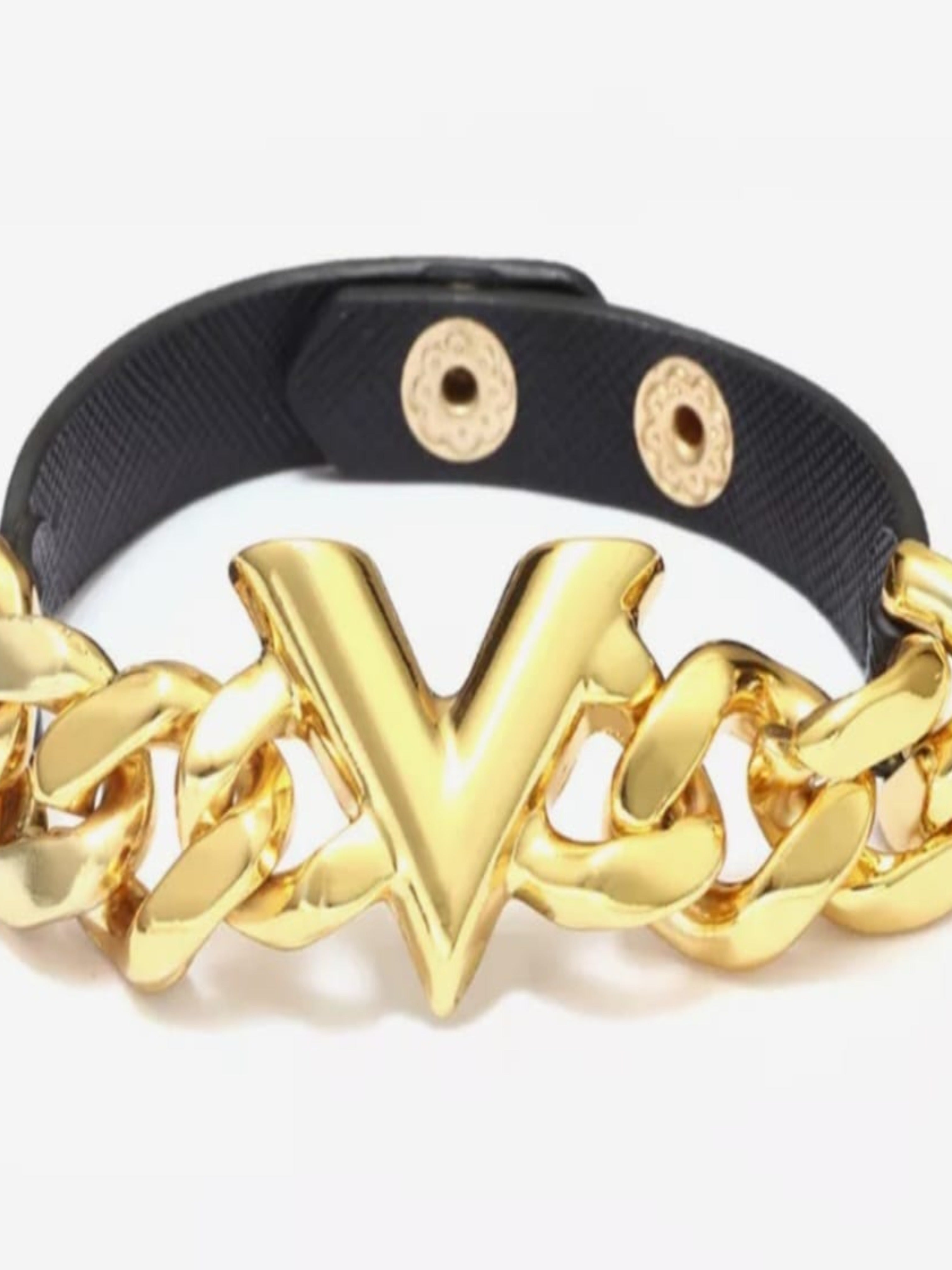 Gold Plated Chunky Chain Leather Bracelet with V Detail in Black