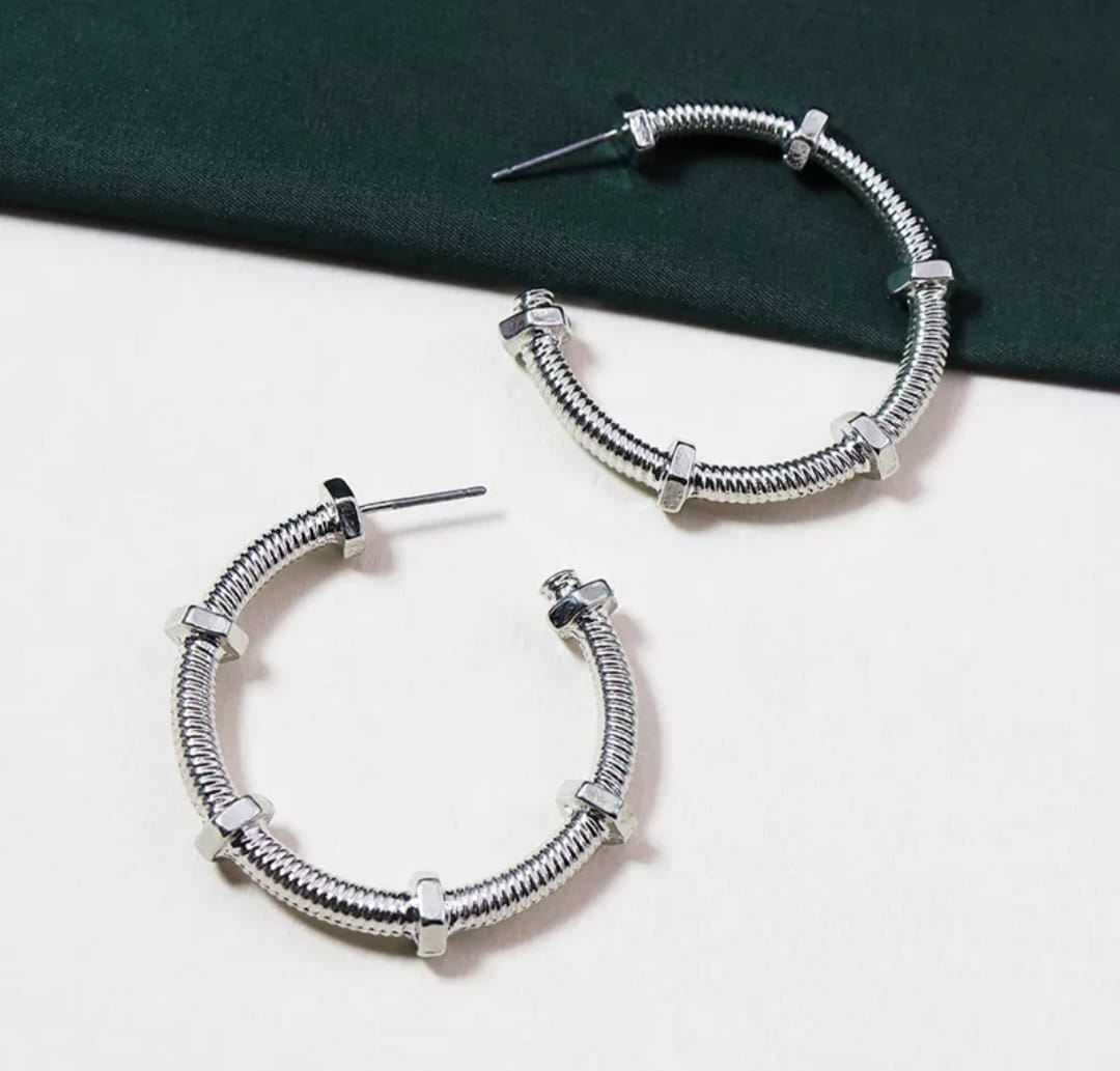 Silver Plated Screw and Bolt Hoop Earrings