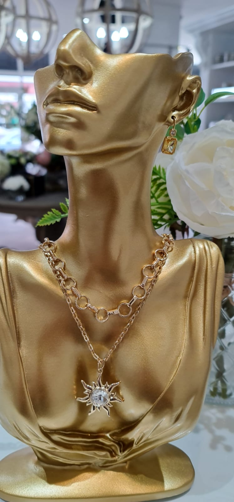 Gold Plated Double Chain Necklace with Diamante Sun Pendent